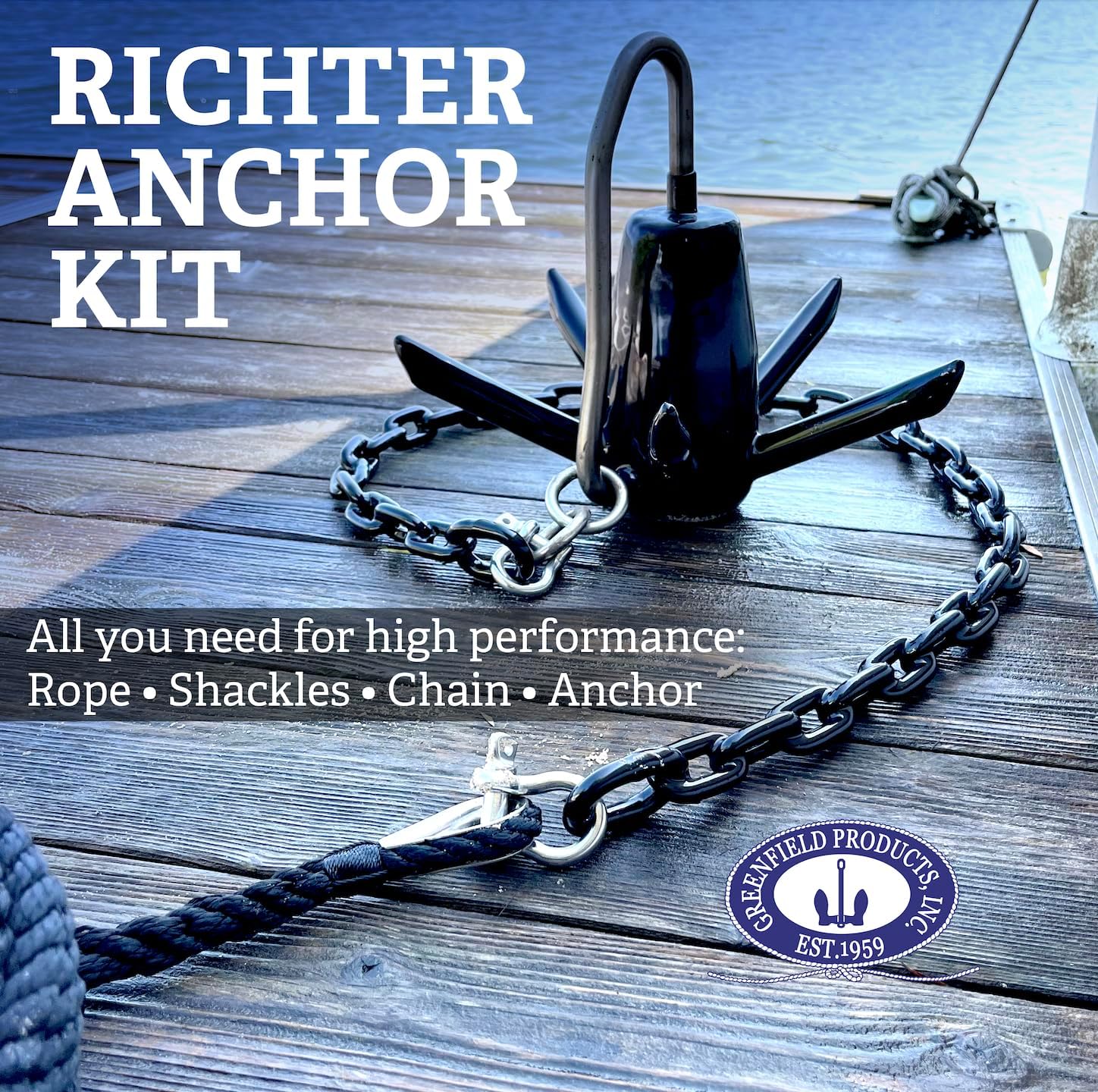 Greenfield Richter Boat Anchor Kit, Professional, Includes Spike River Anchor, 100' Anchor Rope, and Coated Anchor Chain. for Rivers, Lakes, Sand, Mud, and More