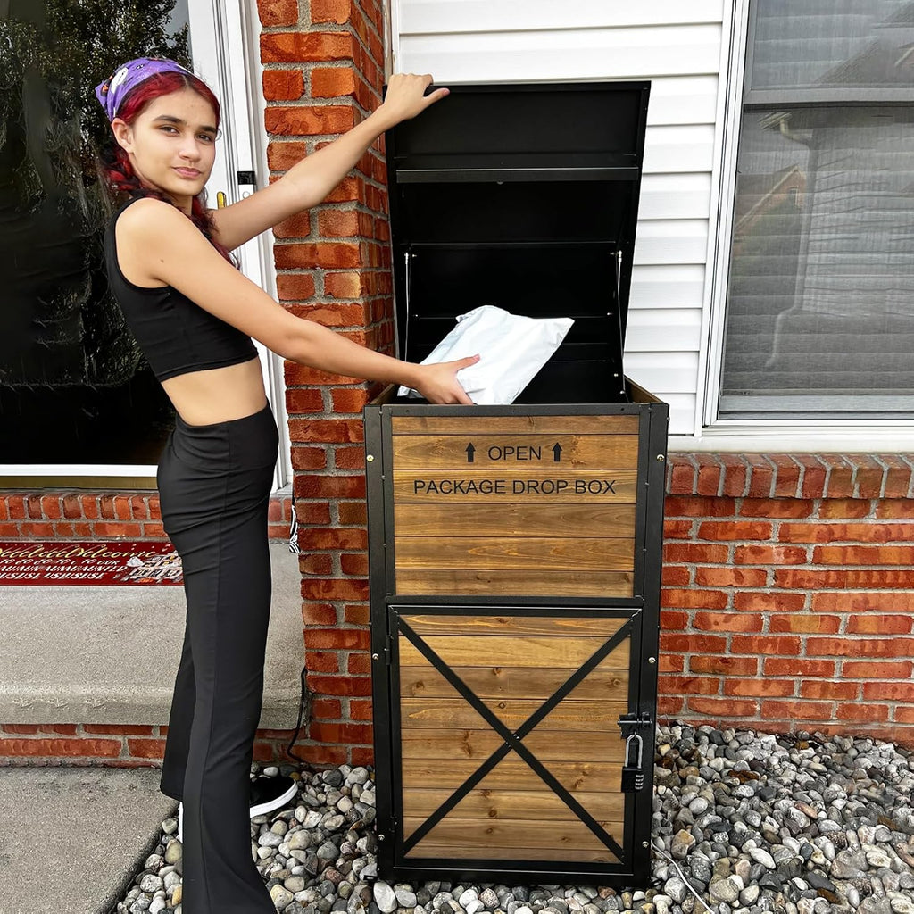 GUTINNEEN Package Delivery Box for Porch with Lockable Secure, Large Outdoor Parcel Storage Anti Theft -Waterproof Parcel Mailbox with Iron Frame & Natural Wood