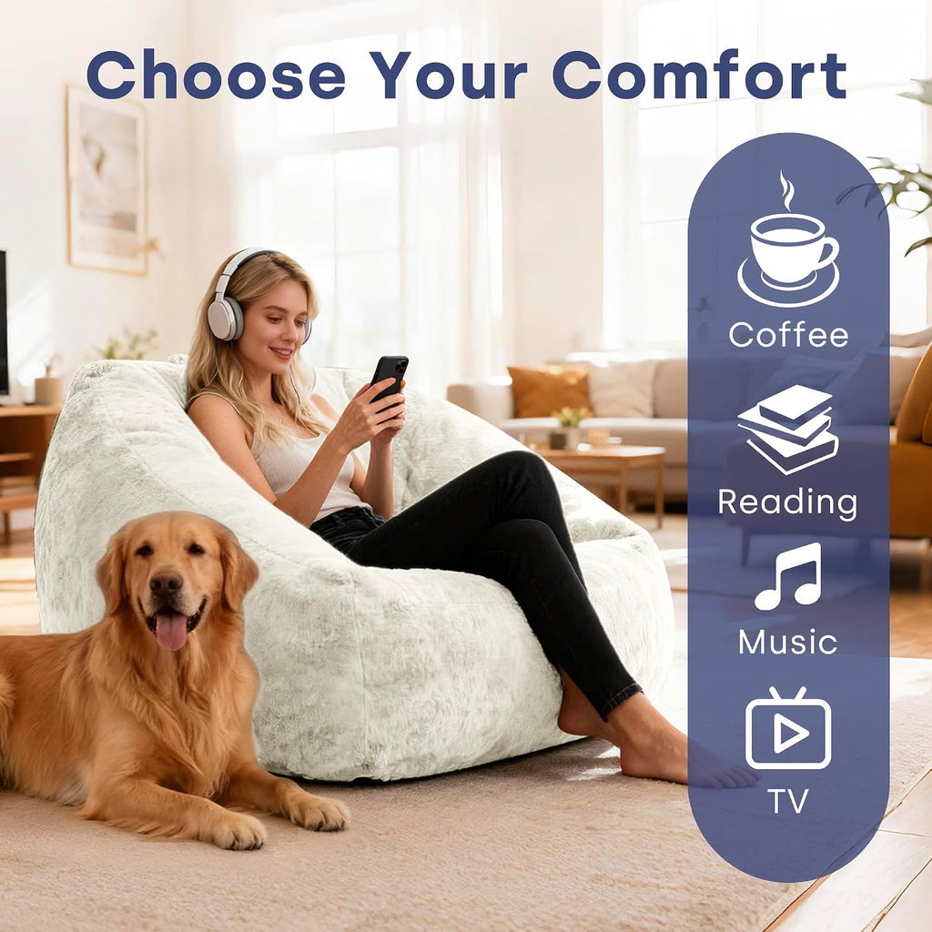 SUNBURY 47.2' L-Shaped Bean Bag Chair with Arms, Memory Foam Filled Lazy Sofa with Portable Handle & Side Pocket, Plush Floor Chair for Adults, Living Room, Bedroom, Reading Corner (Cream White)