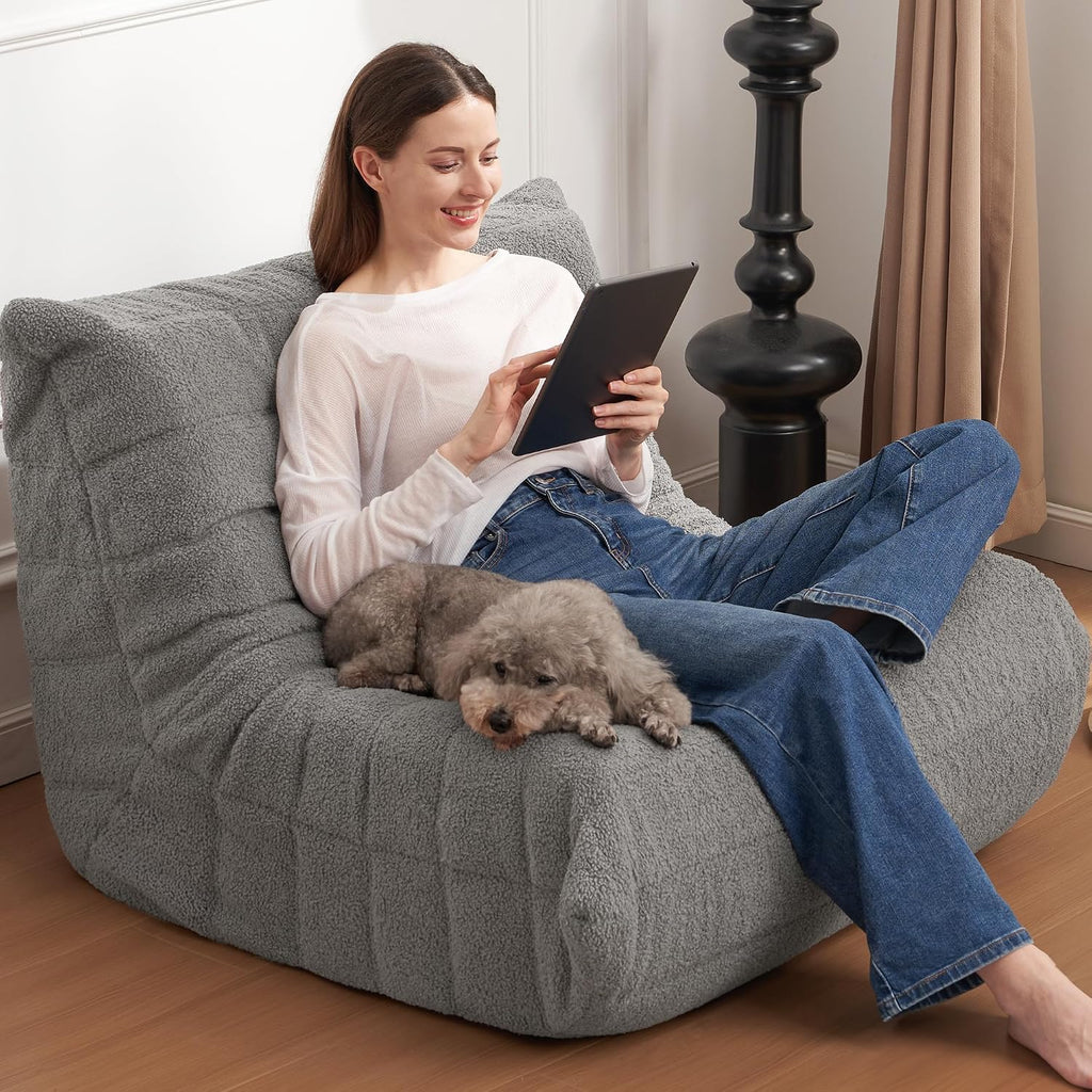 Bean Bag Chair Big Sofa Beanbag Chair for Adults Fireside Chair Bean Bag Lounger with Memory Foam Filled for Home,Apartment or Gaming Venue(Lightgrey Teddy Single)