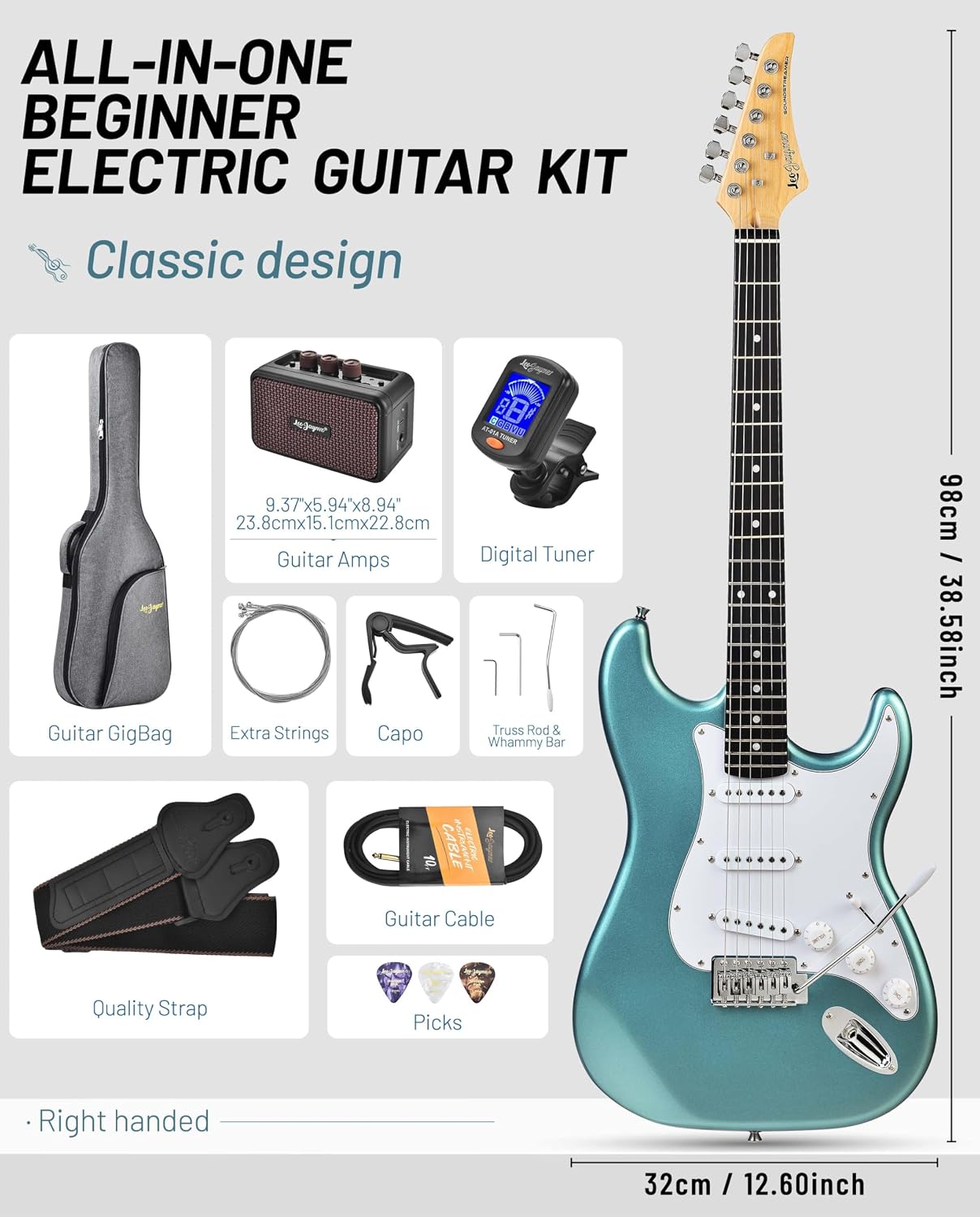 Leo Jaymz Beginner Electric Guitar Complete Kit with Portable Amp, Padded Gig Bag & Full Accessories, Maple Neck SSS Pickups (Cyan)