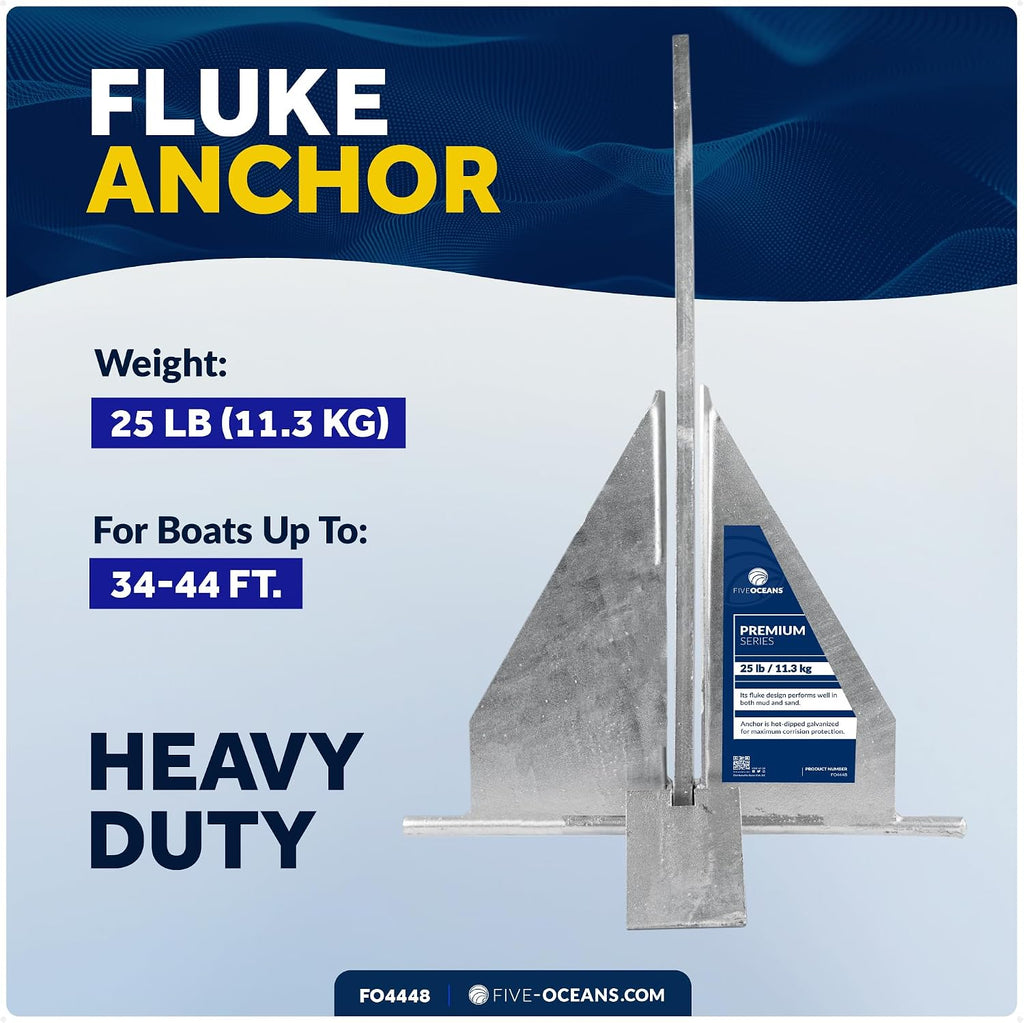 Five Oceans Fluke Boat Anchor, Heavy Duty Hot Dipped Galvanized Steel, Multiple Sizes – Ideal for Pontoon, Dinghies, Boats