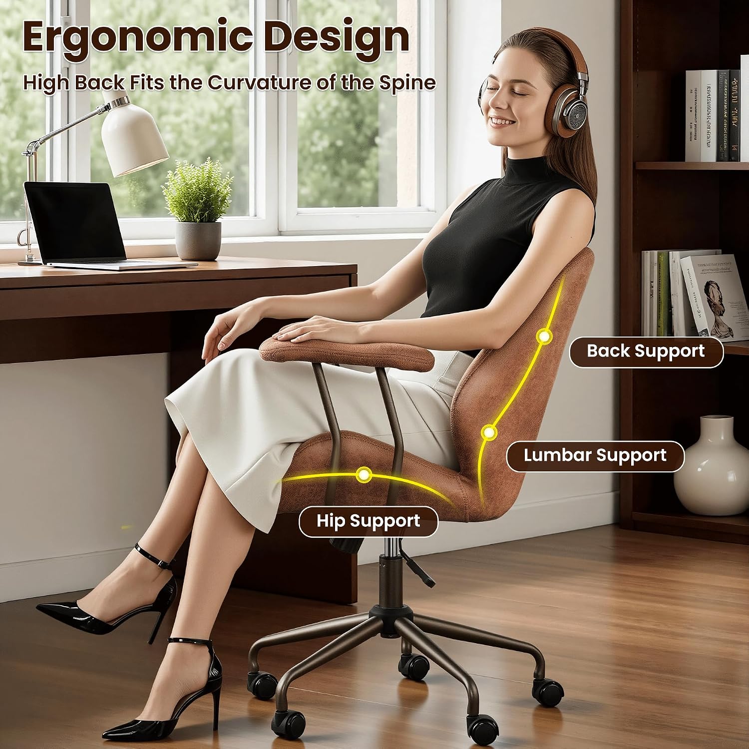 ovios Ergonomic Office Chair, Mid Back Faux Leather Executive Chairs with Armrests, Comfy Mid-Century Modern Swivel Rolling Computer Armchair (Brown, Suede Leather)