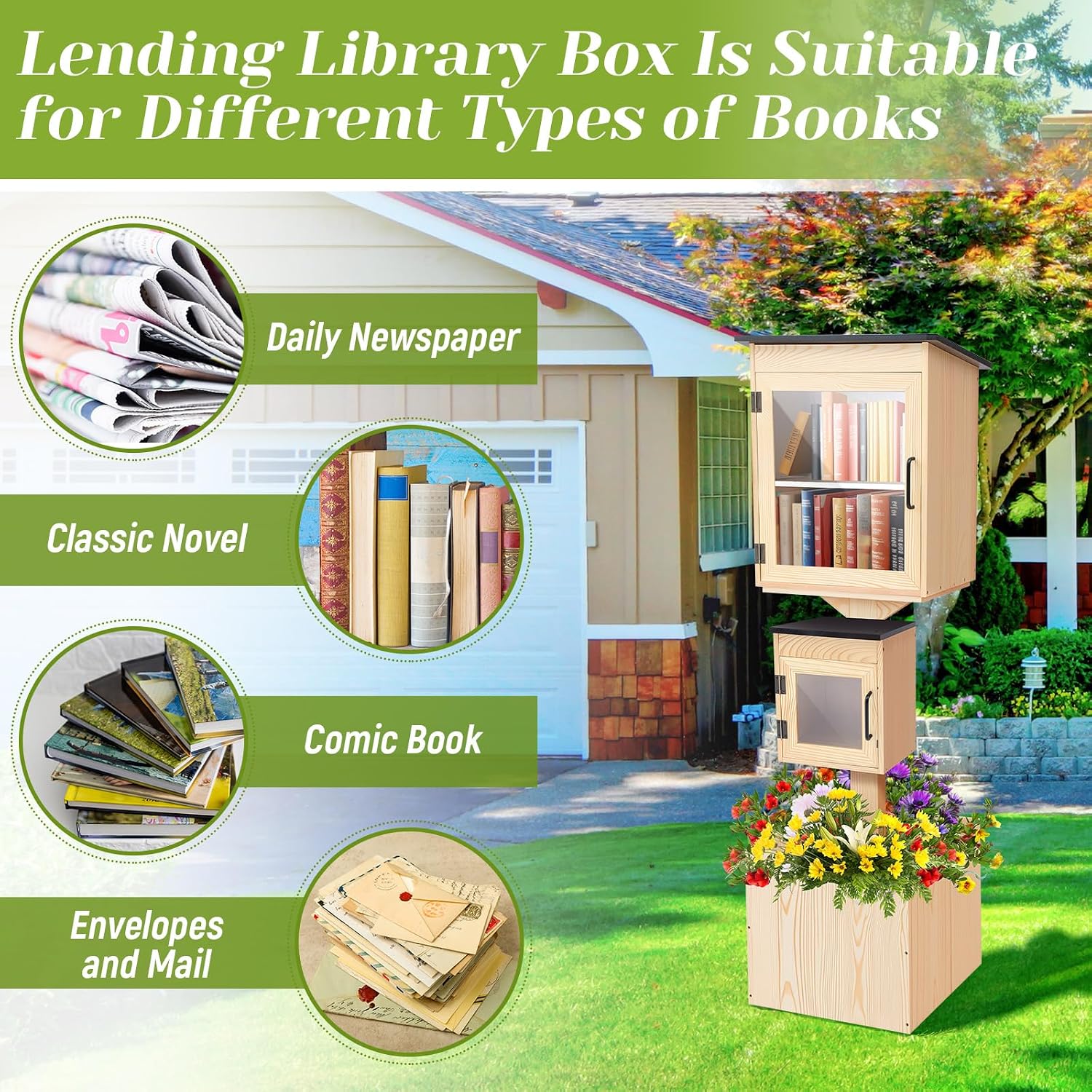 Wonderjune Little Library Box Outdoor Weatherproof Solid Wood Double Book Exchange Box with Pillar-Mounted Mini Library, Floor Plugs & Flower Fence for Community Neighborhood School(Natural Wood)