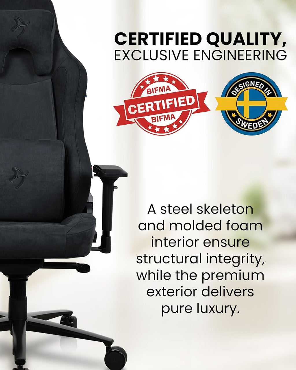 Arozzi Vernazza Supersoft Upholstery Material has a Unique Velvety Texture that is Fluid-Repellant and 3Breathable with Memory Foam Lumbar Support 4D Armrest for Office and Gaming Chair - Pure Black