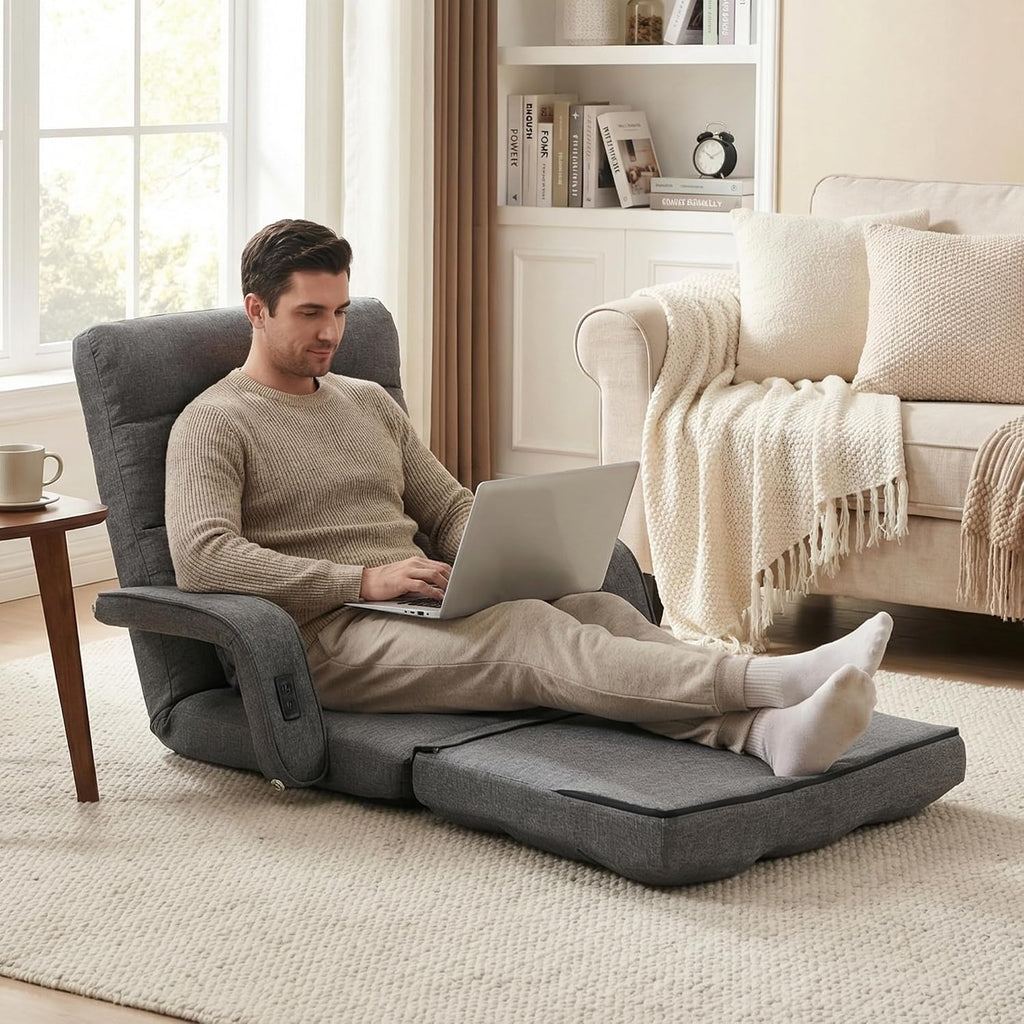 STHOUYN Comfy Floor Chair Bedroom 2 USB Charging Ports, 5-Position Couch Gaming Lounge Chairs Adults, Indoor Folding Lazy Sofa Meditation Arm Dorm Chair Living Room (Grey)