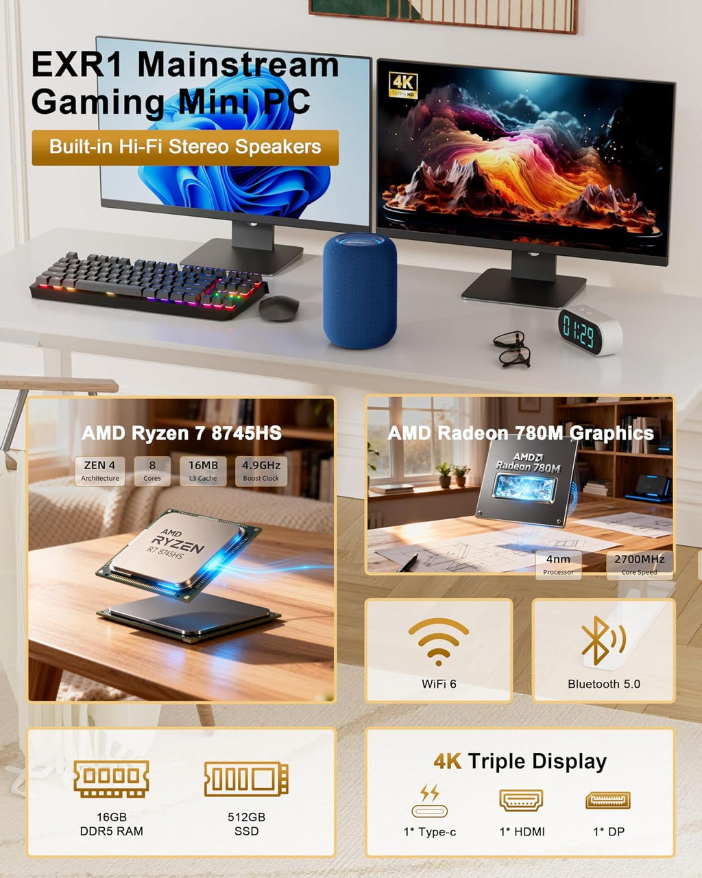 Mini Gaming PC, AMD Ryzen 7 8745HS (8C/16T, Up to 4.9GHz), 16GB DDR5 5600MHz RAM, 512GB PCIe SSD, Radeon 780M, USB4, Triple 4K Display, WiFi 6, BT5.2, 2.5G LAN, Mini Desktop Computer