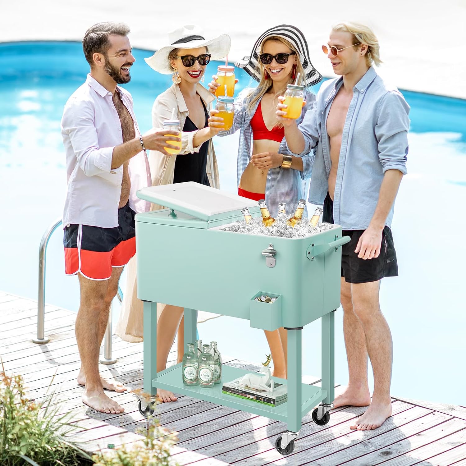 Outvita 80 Quart Rolling Ice Chest, Portable Bar Drink Cooler with Catch Basin, Bottom Storage Tray and Bottle Opener for Patio Party BBQ Beach Activities