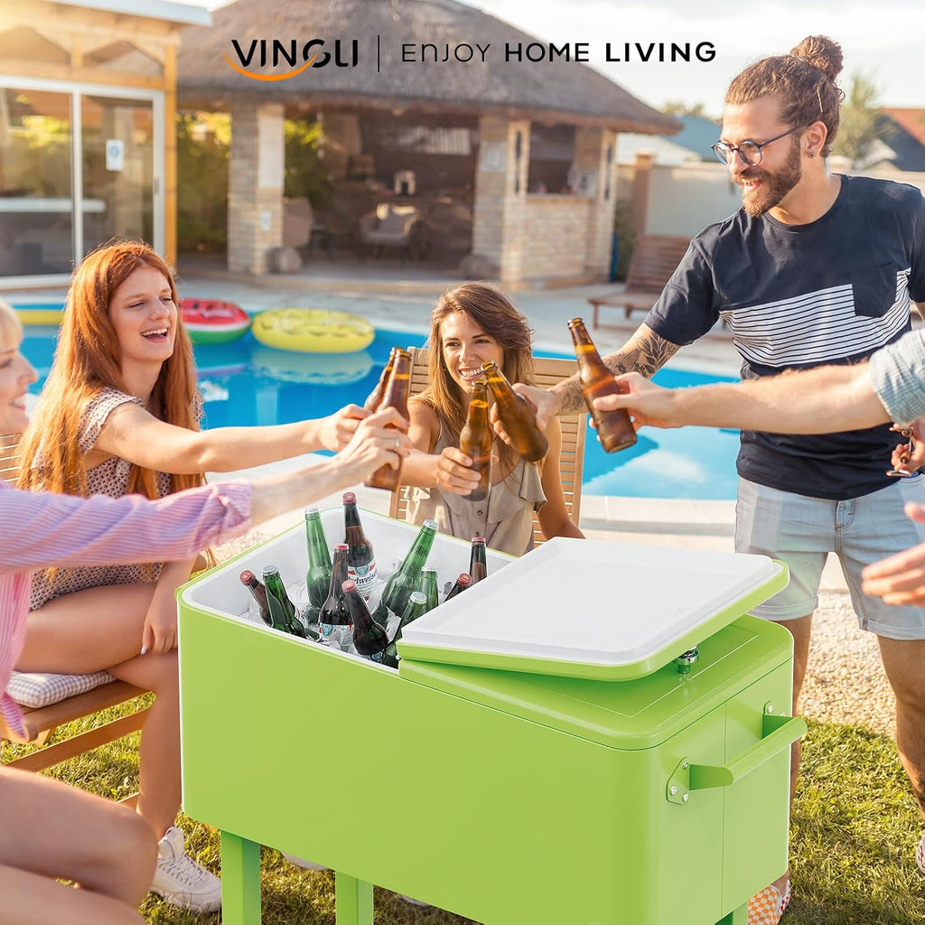 VINGLI 80 Quart Rolling Ice Chest, Portable Patio Party Bar Drink Cooler Cart, with Shelf, Beverage Pool with Bottle Opener Light Green
