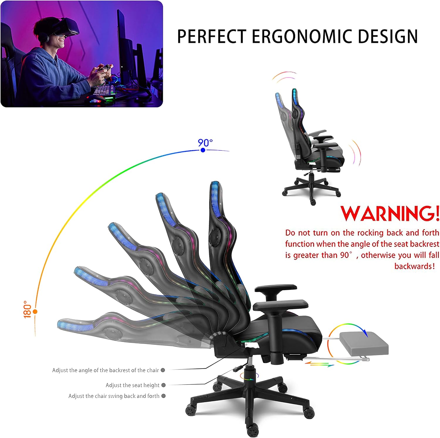 RGB LED Gaming Chair with Seven-Point Massage Function,Computer Chair with Speakers,Ergonomic Chair with Footrest and Lumbar Support,90°-180° Tilt Office Chair,Black