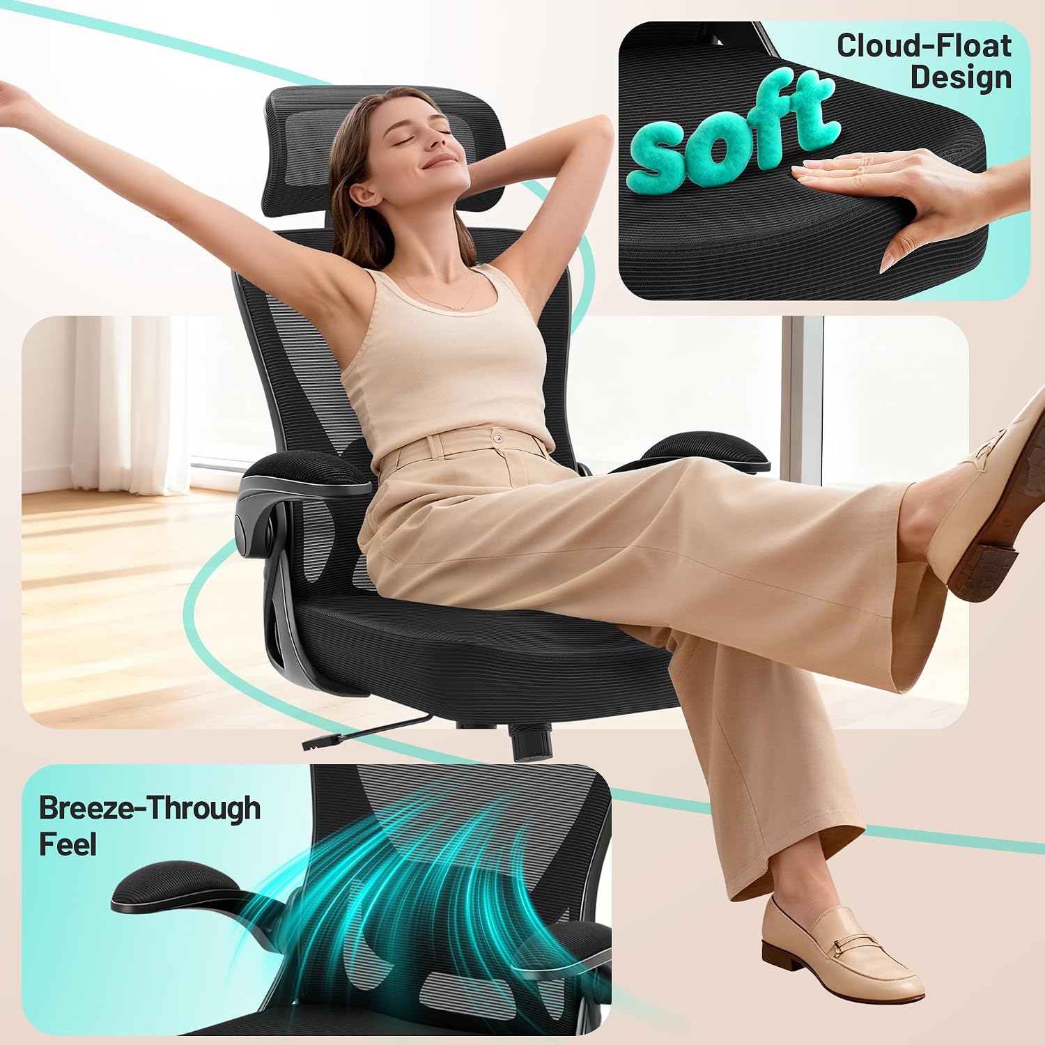 AreShark Office Chair - Ergonomic Desk Chair Breathable Mesh Chair with 2D Headrest & Adjustable Lumbar Support - Executive High Back Rolling Swivel Computer Gaming Chair with Wheels Flip-up Armrests