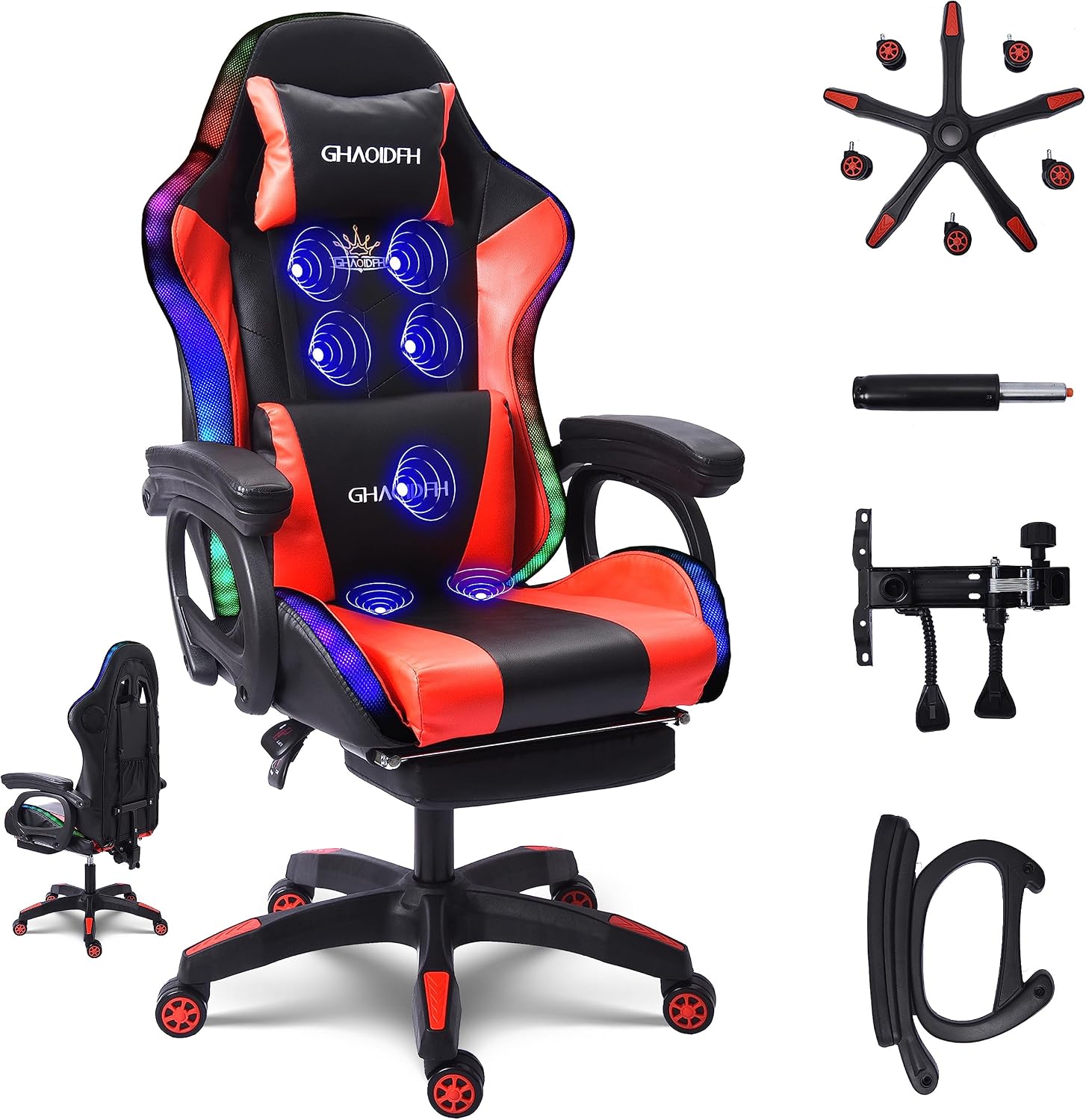 Gaming Chair with LED Lights and Speakers, Ergonomic Gaming Chair with Massage and Footrest,Comfortable Computer Reclining with Headrest and Lumbar Support,Video Game Chair for Adults Kids.,R