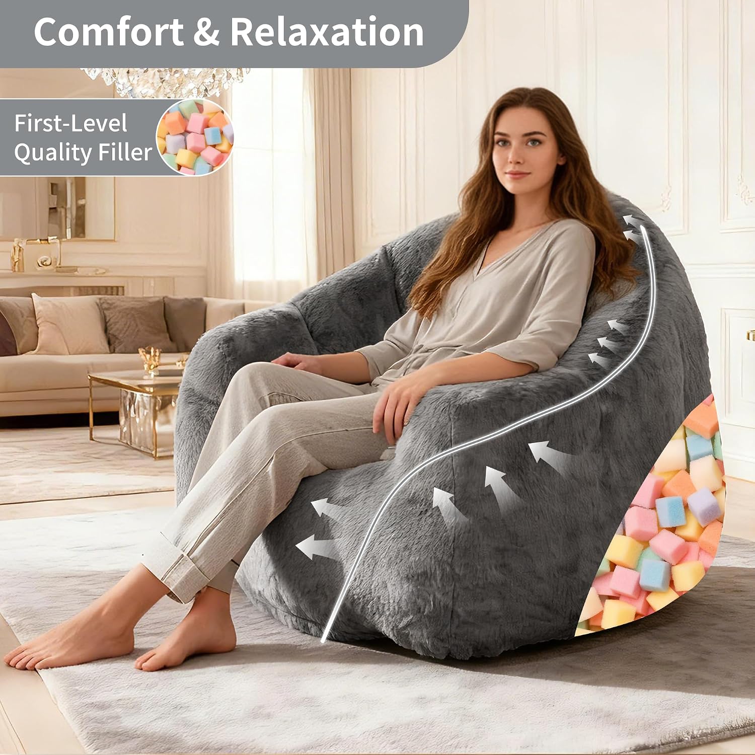 Bean Bag Chair, Giant Beanbag Chiars for Adults, Faux Fur Shell-Shaped Floor Sofa with Filler, Comfy Chair for Reading, Gaming and Relax (Grey)