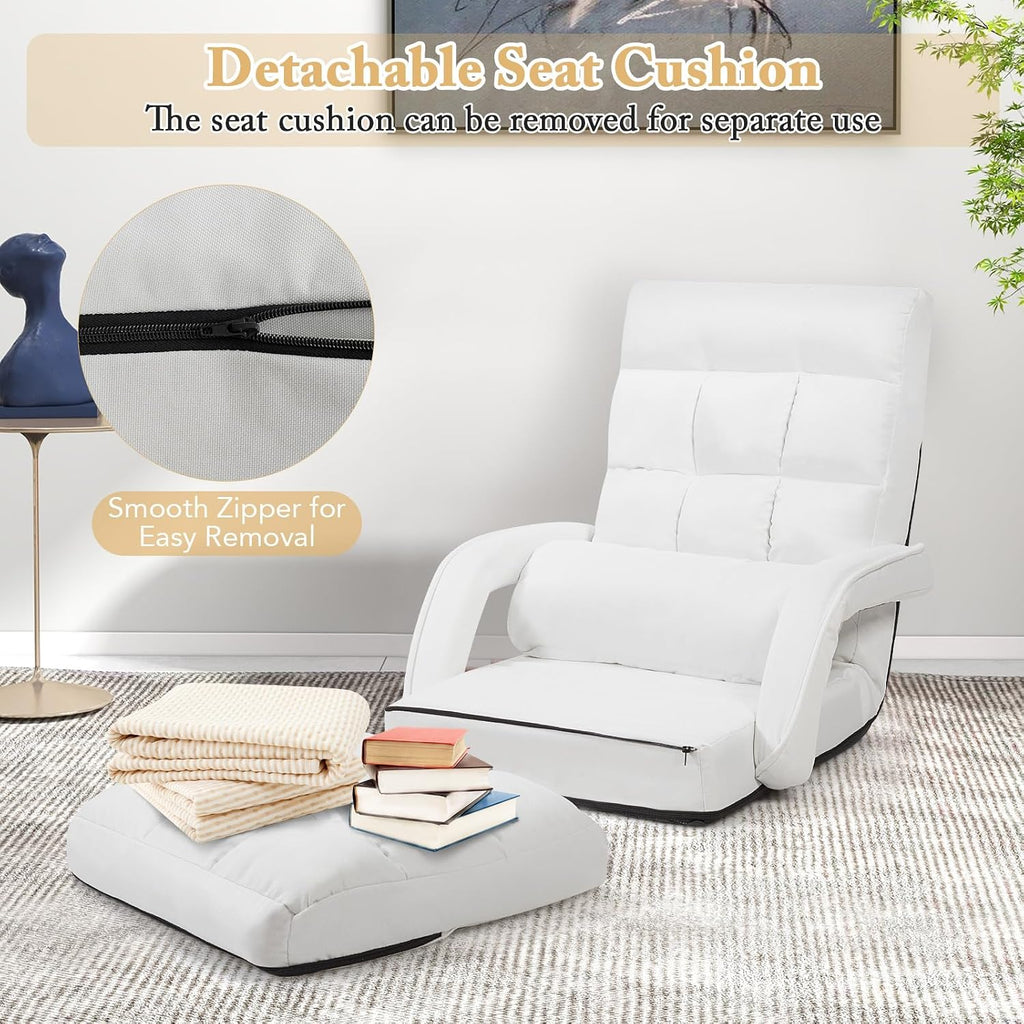 KOMFOTT Foldable Floor Lazy Sofa Chair, Indoor Chaise Lounge Chair with 6 Positions Adjustable Backrest, Detachable Seat Cushion, Armrests & Pillow, Cozy Floor Chair for Living Room, Bedroom (White)