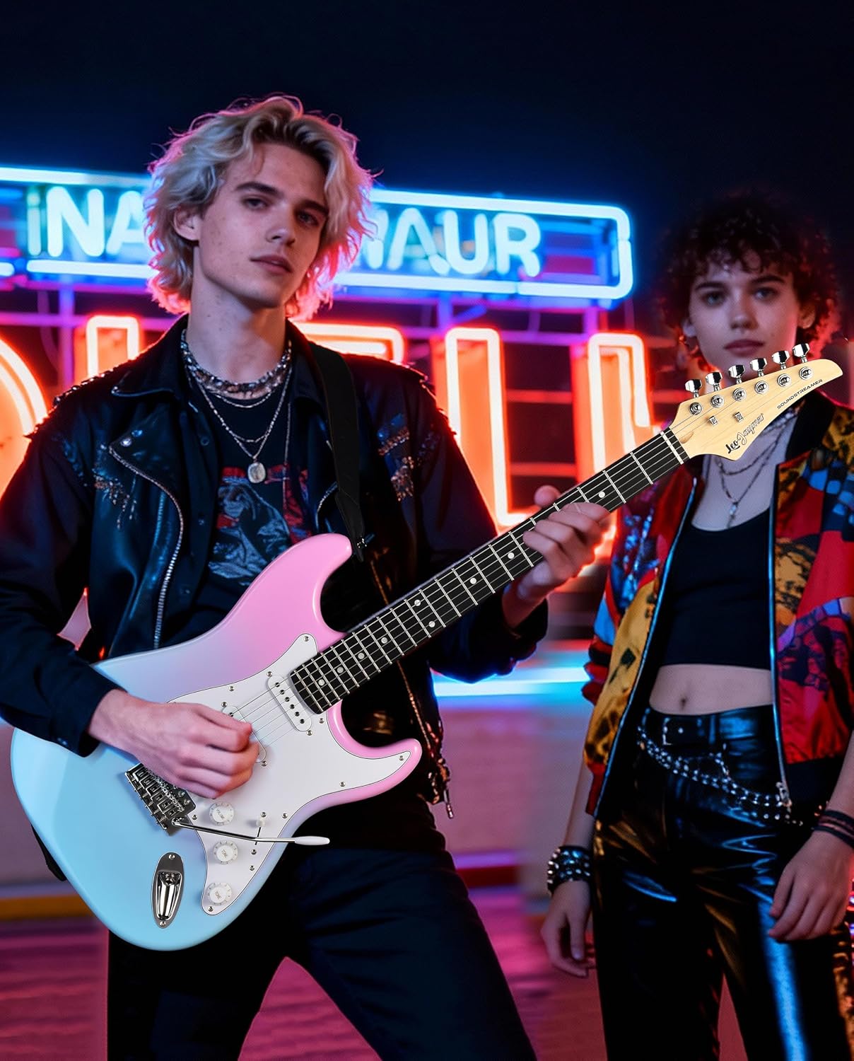 Leo Jaymz Beginner Electric Guitar Complete Kit with Portable Amp, Padded Gig Bag & Full Accessories, Maple Neck SSS Pickups(Pink-Blue Fade)