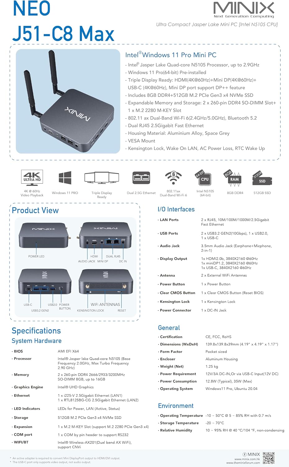 MINIX NEO J51-C8 Max Mini Computer, 8GB/512GB M.2 PCIe NVMe SSD Windows 11 Pro, Aluminum/Wi-Fi6/Dual 2.5GB LAN/USB-C/Triple Display/4K/Auto Power On/PXE Boot/RTC/Vesa Mount