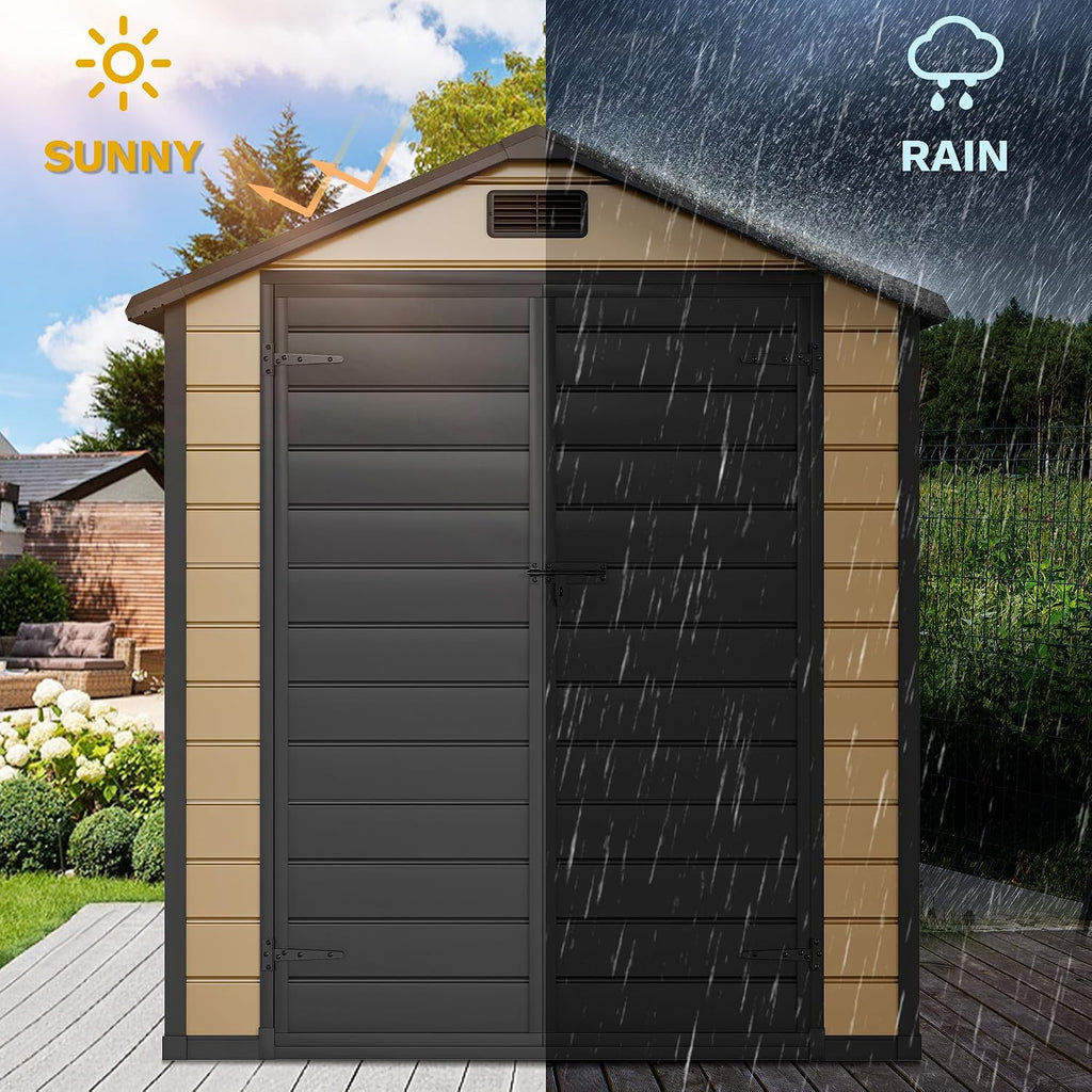DWVO 6x4 FT Resin Storage Shed with Floor, Outdoor Storage Shed with Lockable Door, Window and Vents, Waterproof Plastic Tool Storage for Garden, Backyard, Patio, Lawn, Brown