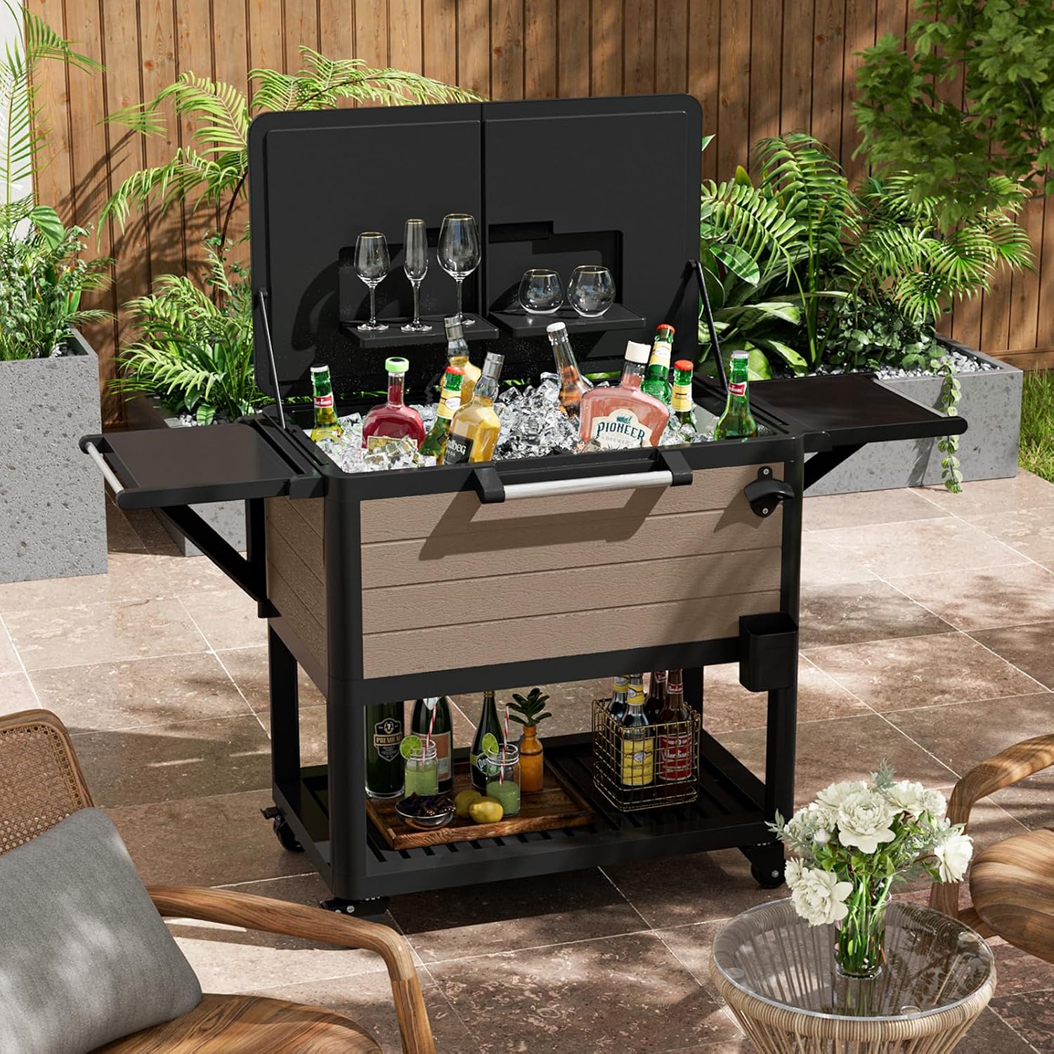 104 Quart Patio Rolling Ice Chest Cooler Cart with Wheels, Portable Mobile Outdoor Coolers Bar Cart with Storage Shelf & Bottle Opener for Drinks, Party, Camping, Backyard, Deck, BBQ（Brown）
