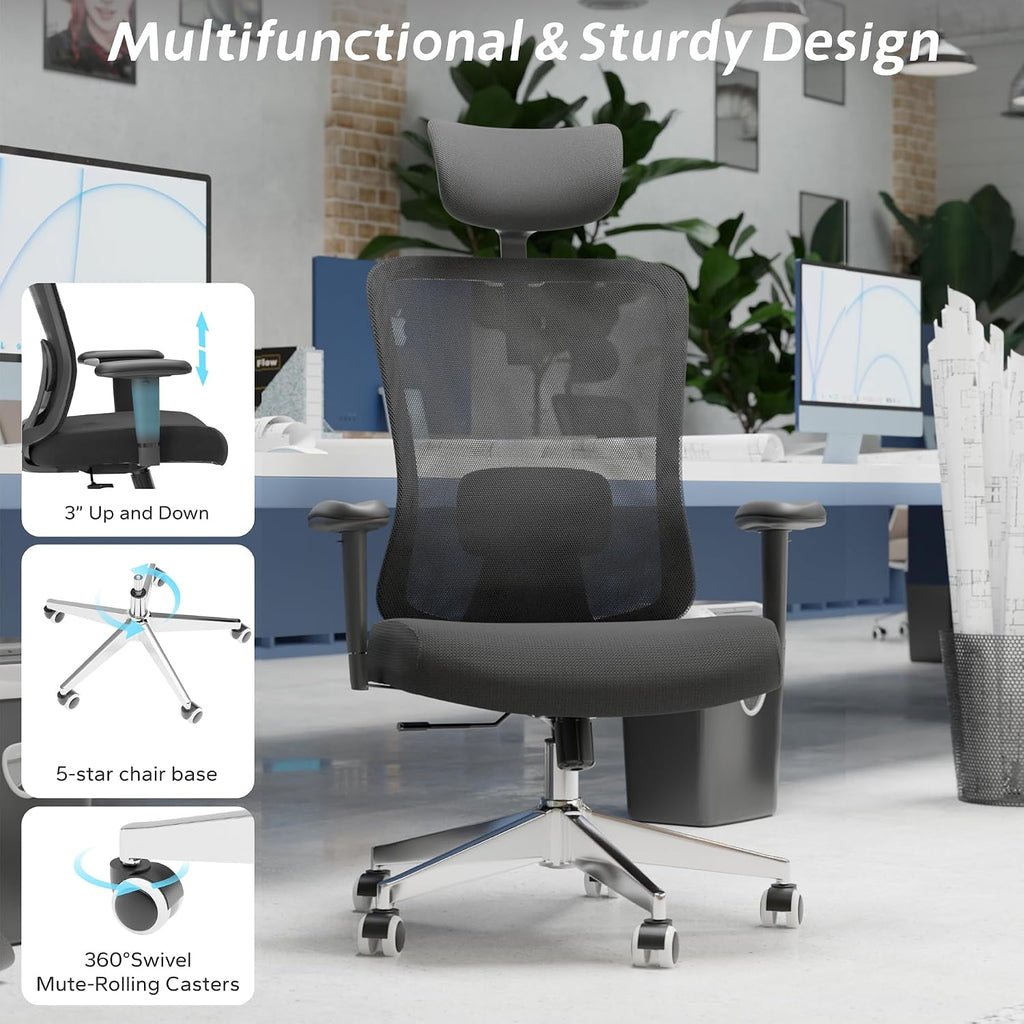 Ergonomic Office Chair, Mesh Desk Chair with Adjustable Headrest and 2D Armrest，Computer Chairs with Lumbar Support, Big and Tall Office Chair 400lbs, Large (01black)