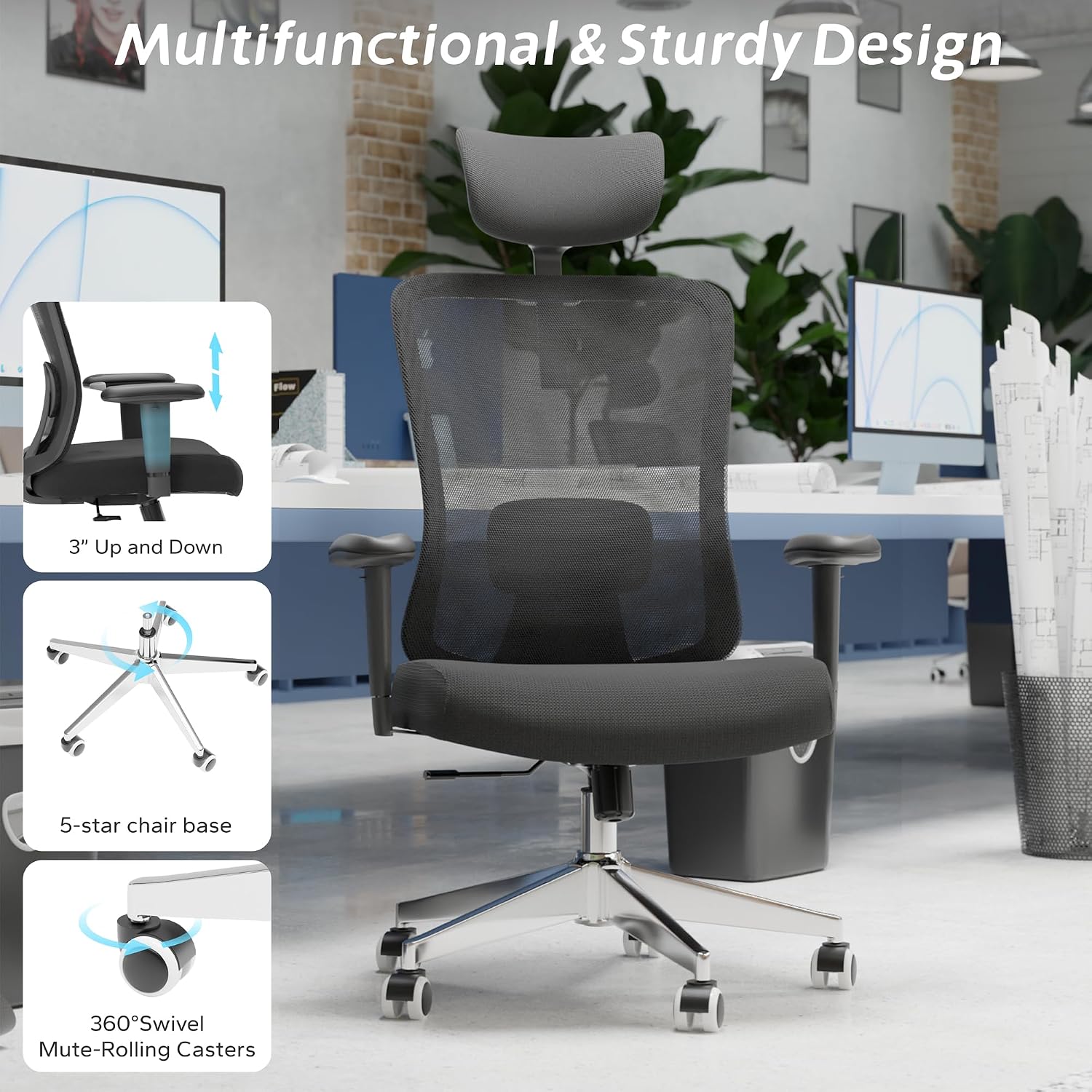 Ergonomic Office Chair, Mesh Desk Chair with Adjustable Headrest and 2D Armrest，Computer Chairs with Lumbar Support, Big and Tall Office Chair 400lbs, Large (01black)