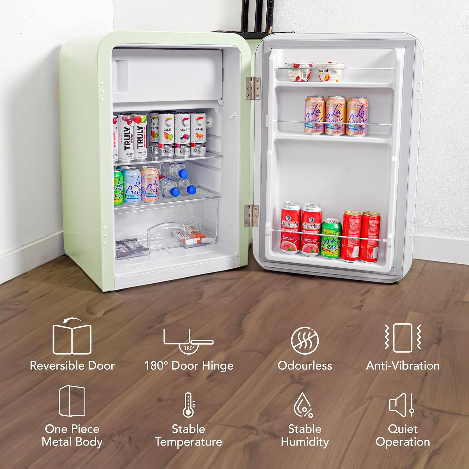 Cooluli Curve 3.8 cu ft Mini Fridge with Freezer - Small Refrigerator for Bedroom, Office, Dorm Room (Green, 3.2 cu.ft Refrigerator, 0.6 Freezer)