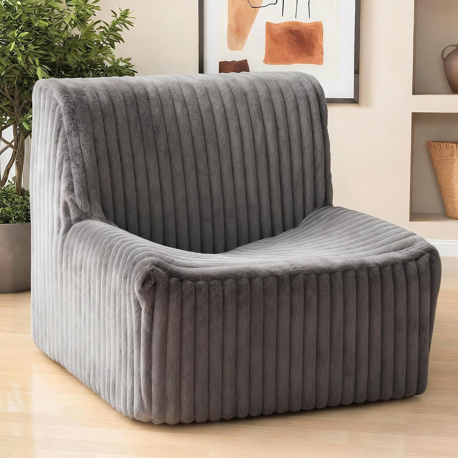 Trenda 32'' Comfy Bedroom Chair for Adult, Boneless Space-Saving Accent Chairs with Spacious Seating, Soft Faux Fur, Ideal Floor Couch for Living Room,College, Dorm to Reading(Grey)