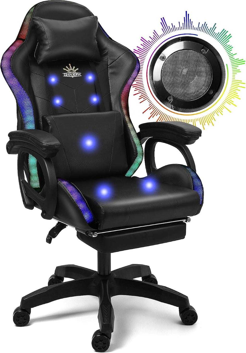 Enhance Your Gaming Experience with Our Ergonomic Reclining Gaming Chair with RGB LED Lights, Massage and Dual Speakers - Perfect for Adults, Teens and Kids! (All-Black)