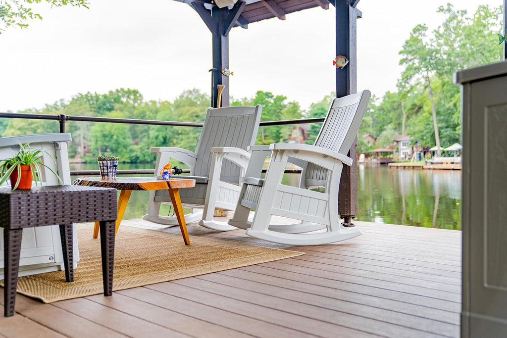 Suncast Outdoor Patio Rocking Chair with Under-Seat Storage, Stylish Faux Wood Outdoor Rocker for Patios, Dove Gray and Ice Cube, Made in The USA