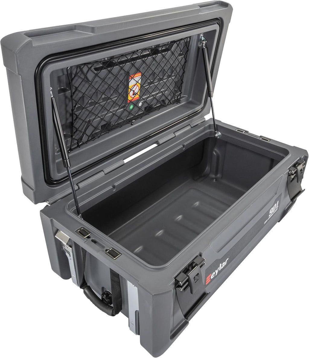 SRX-90 Overlanding Cargo Case – 90L Waterproof Storage Box for Camping, Off-Road & Truck Bed Gear – Heavy-Duty Lockable Storage with Gas Strut Lid, Stackable Design & Interior Organizer Tray (Gray)