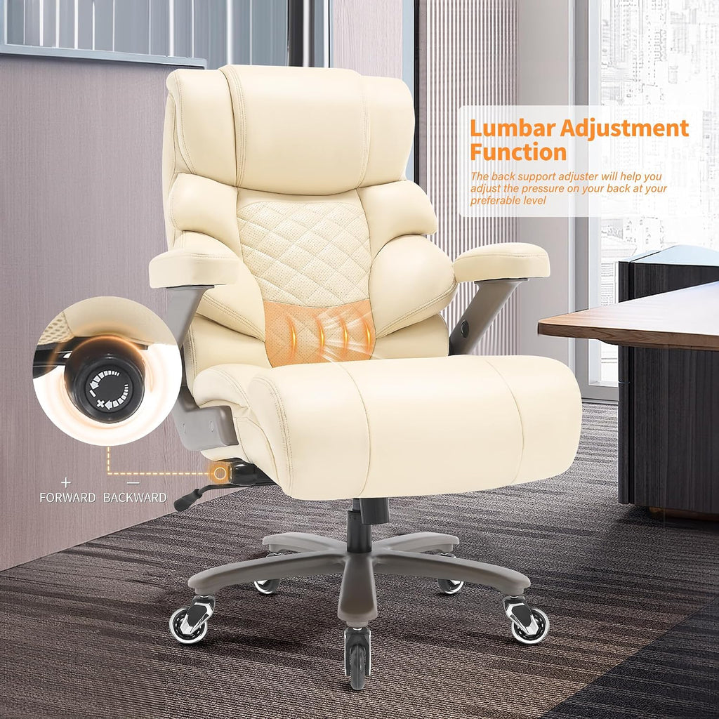 VUZI 700lbs Big and Tall Office Chair-Large Computer Chair with Adjustable Lumbar Support 3D Flip Arms Plus Size Wheels, High Back Executive Desk Chair, Heavy Duty Metal Base, Thick Padded Wide Seat