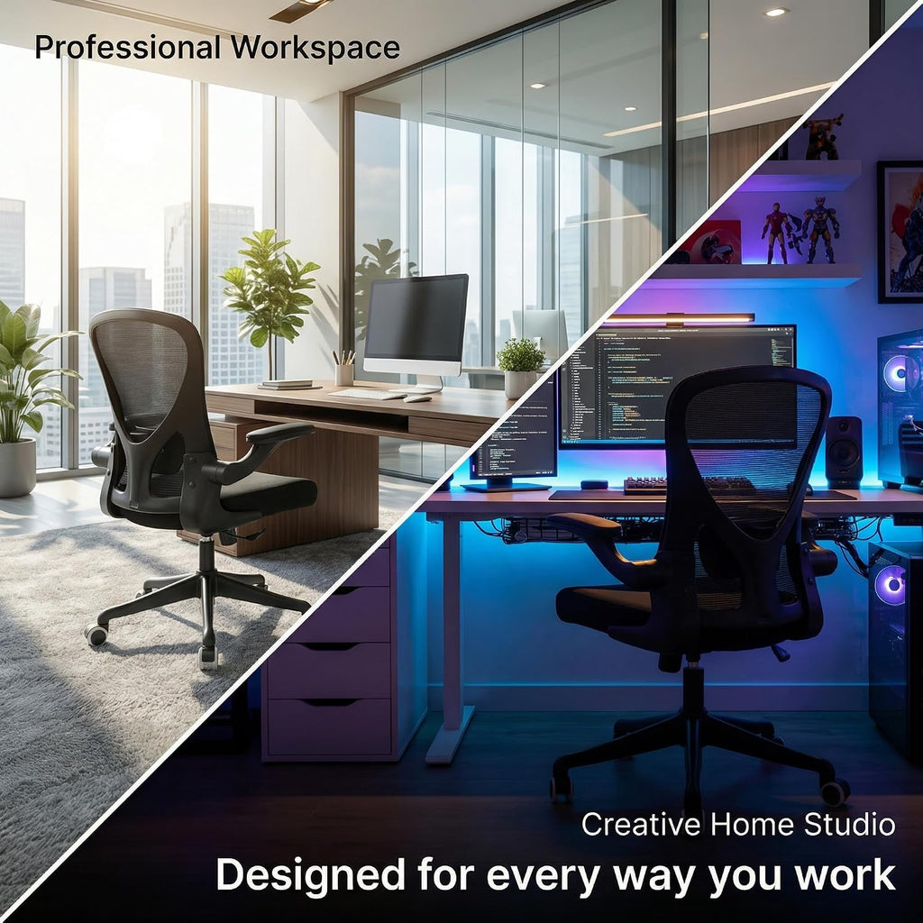 Ergonomic Office Chair with Adjustable Lumbar Support & Flip-Up Armrests - High Back Computer Desk Chair with Thickened Seat Cushion, Rolling Wheels for Home/Office Study Work (01Blcak)