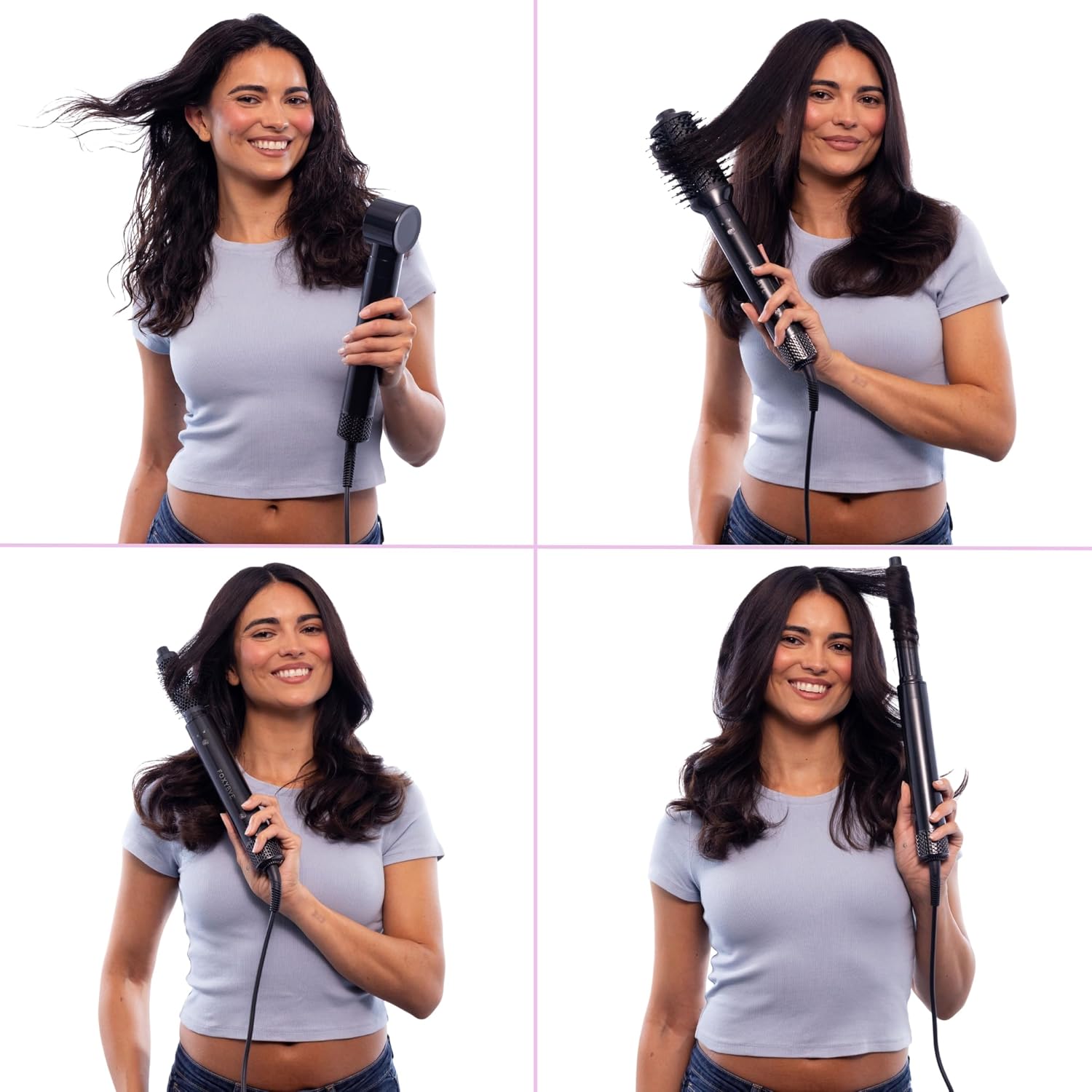 FoxyBae Super Styler Pro Interchangeable Hair Styler Wand Curling Iron Set - w/Drying Cylinder, Ceramic Blowout & Round Brushes, 2 Auto-Wrap Curlers - Frizz-Free, Smooth Hair (Black Rose-Gold)