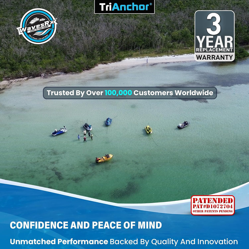 WAVESRX TriAnchor - Stainless Steel Folding PWC & Boat Anchor | Sets Instantly for Effortless Boat & Jet Ski Anchoring | Compact Patent-Pending Design Grips Better Than Plow, Fluke or Box Anchor