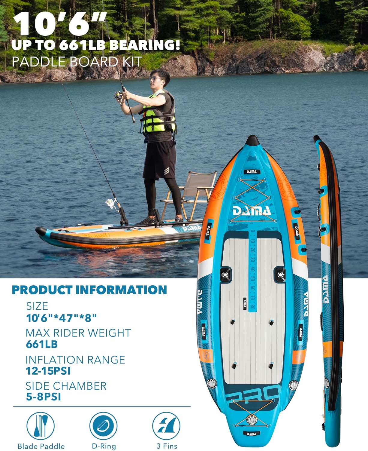 DAMA Triple Chamber SUP Inflatable Stand Up Paddle Board 10'8'*47', Extra Wide Paddle Boards for Adults, Fishing Paddle Board with 3 Removable Fins, 2 Fishing Rod Holders, Kayak Paddle,Portable Bag