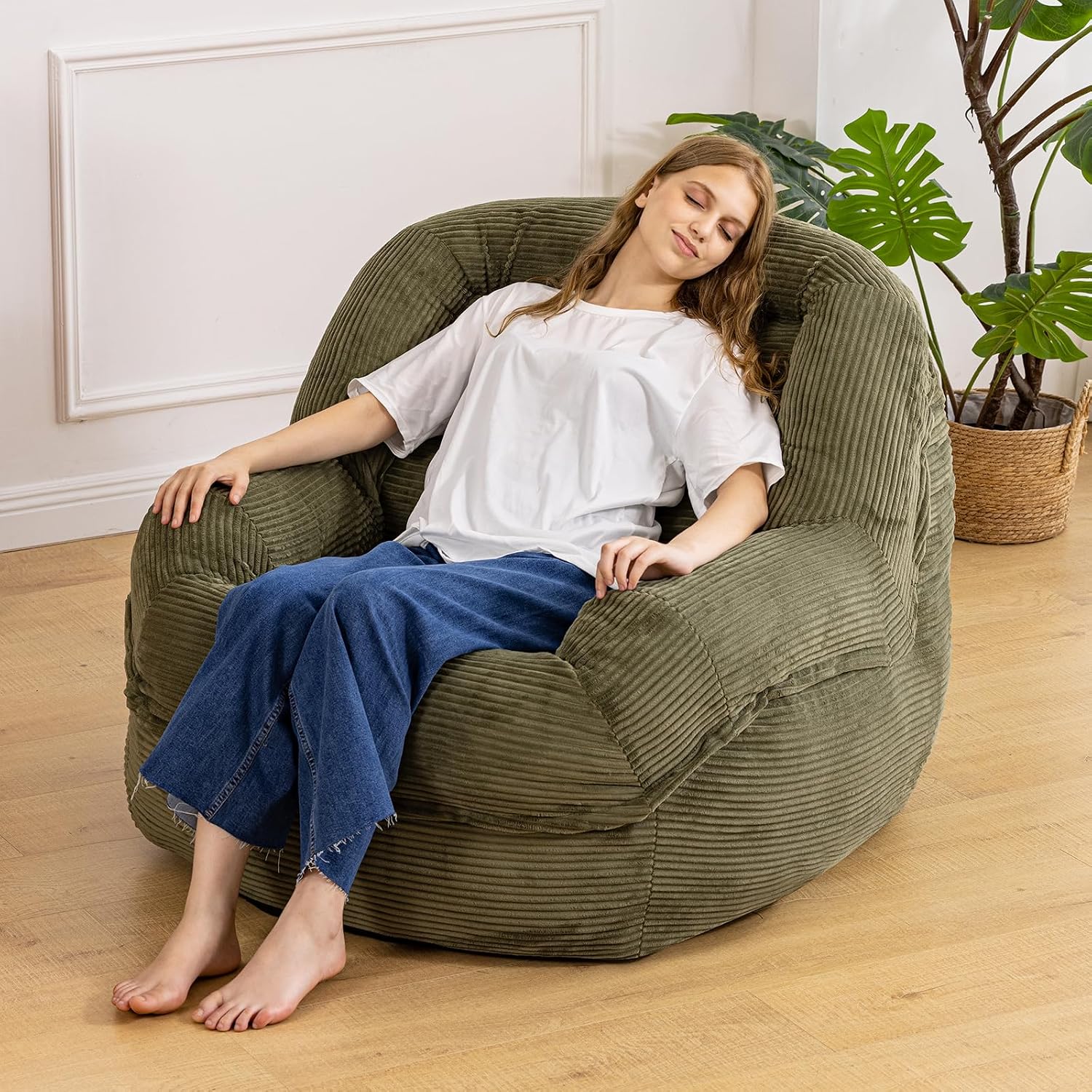 Giant Bean Bag Chair with Armrests - Oversized Cozy Seating for Adults, Corduroy Fabric & High-Resilience Foam Filling, Ideal Lounge for Living Room, Bedroom & Gaming Room (Olive Green)