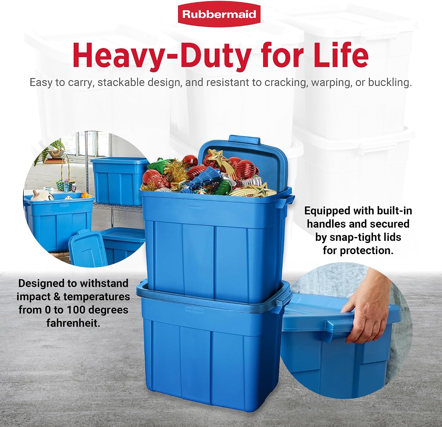 Rubbermaid Roughneck Tote 18 Gal, 6 Pack, Made in USA, Heritage Blue, Rugged Plastic Stackable Storage Bins with Lids and Handles