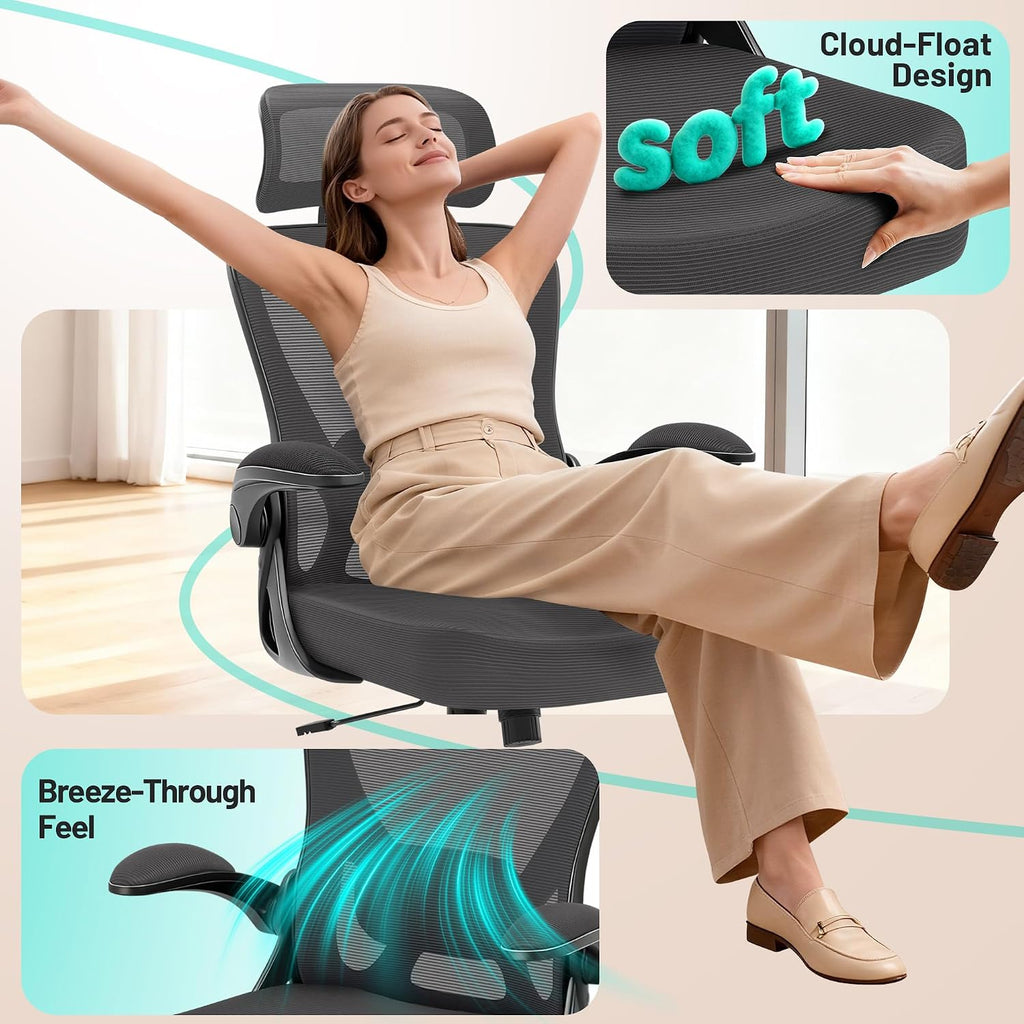 AreShark Office Chair - Ergonomic Desk Chair Breathable Mesh Chair with 2D Headrest & Adjustable Lumbar Support - Executive High Back Rolling Swivel Computer Gaming Chair with Wheels Flip-up Armrests