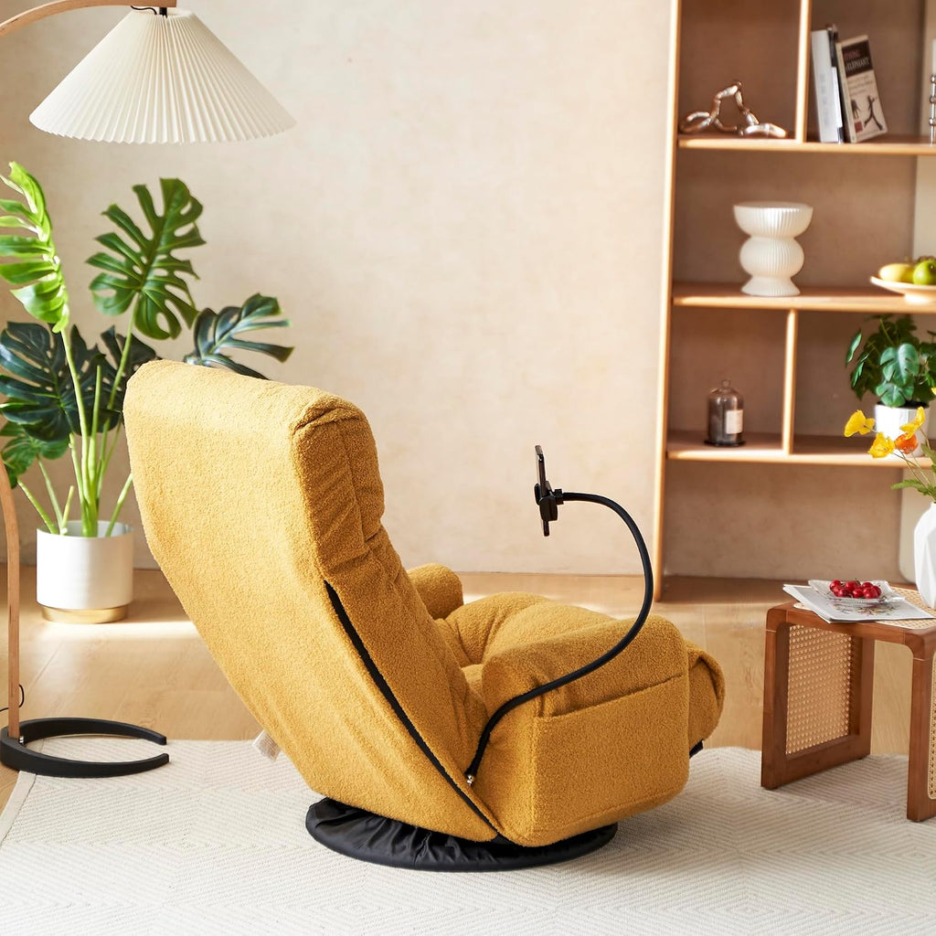 Lounge Sofa Chair with Side Pocket Armrests & Phone Holder. Gaming Chair for TV, Reading,Video,Games.Indoor Floor Chaise in Livingroom, Bedroom.Adjustable Foldable Backres&360° Swivel (Yellow)