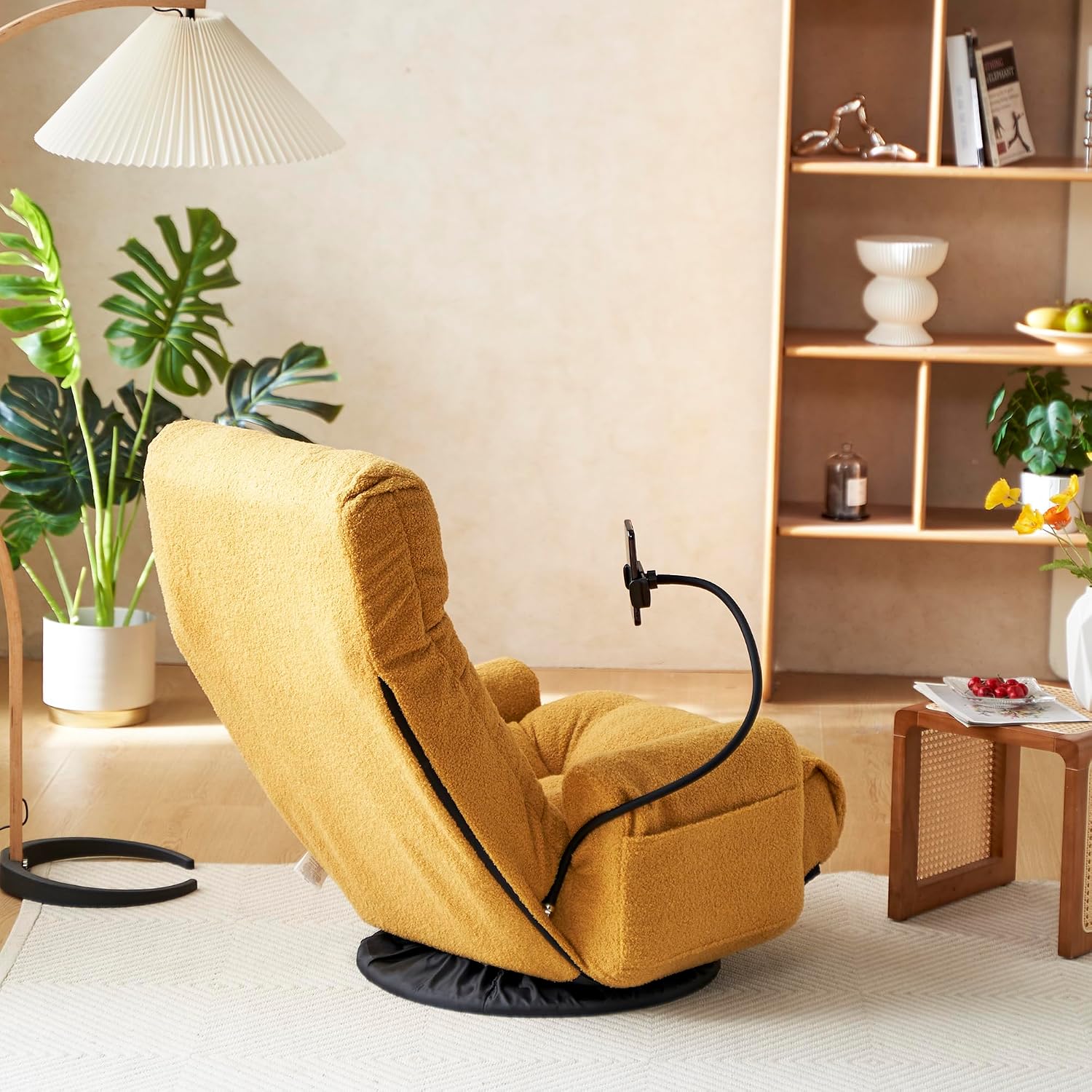 Lounge Sofa Chair with Side Pocket Armrests & Phone Holder. Gaming Chair for TV, Reading,Video,Games.Indoor Floor Chaise in Livingroom, Bedroom.Adjustable Foldable Backres&360° Swivel (Yellow)