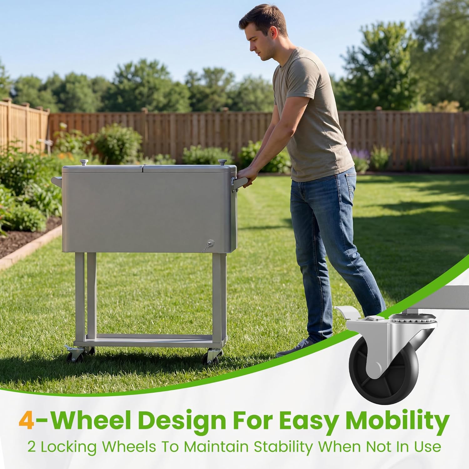 80 Quart Rolling Ice Chest Cooler Cart with Shelf, Heavy Duty Insulated Cooler Box on Wheels with Drain Plug, Weather Resistant Outdoor Party BBQ Drink Cart