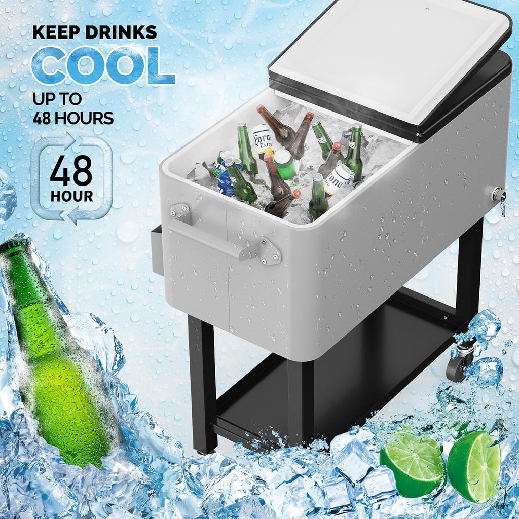 VINGLI Patio Cooler, Rolling Ice Chest on Wheels, Portable Patio Party Bar Drink Cooler Cart, with Shelf, Beverage Pool with Bottle Opener,Water Pipe