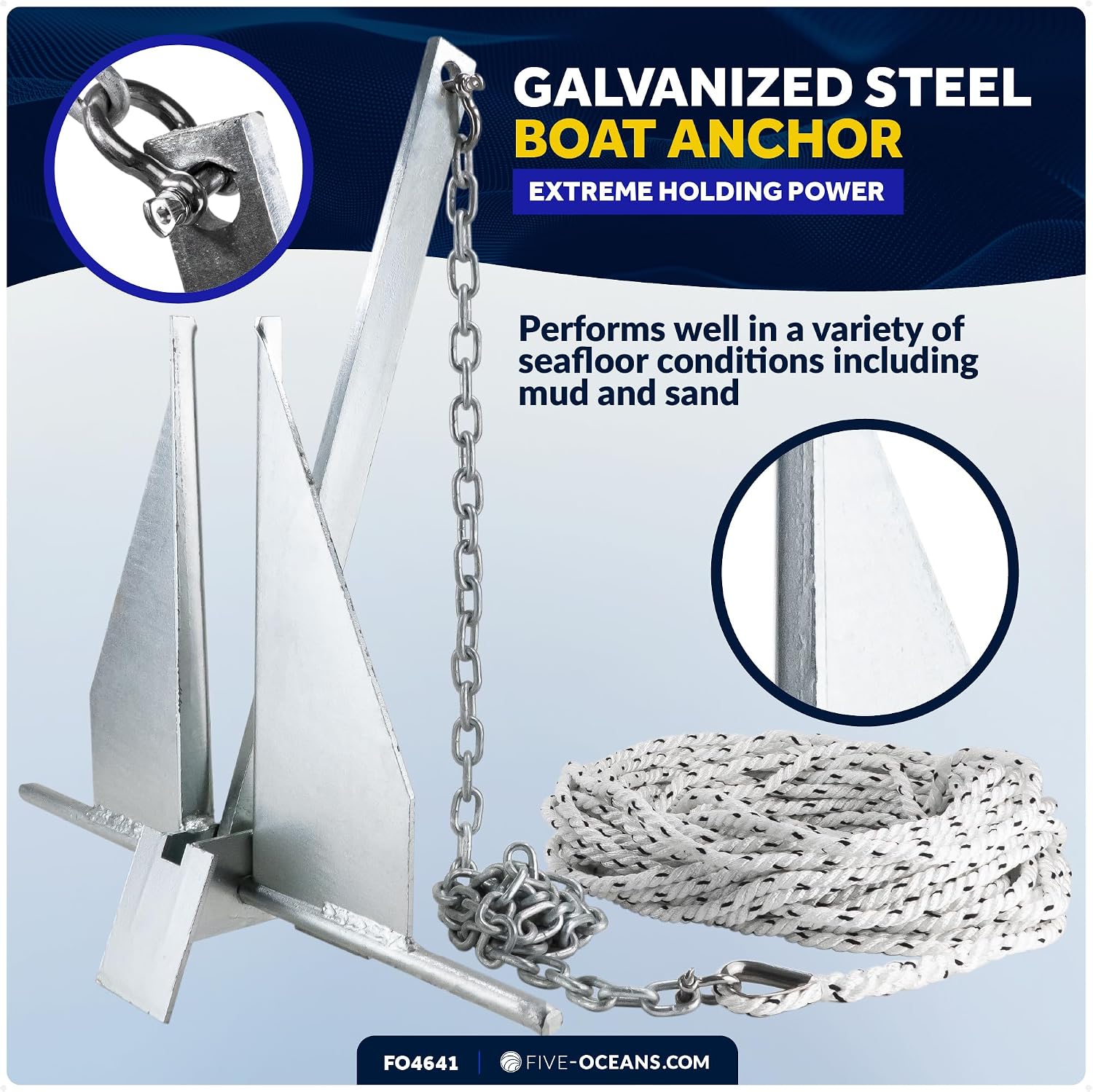 Five Oceans Fluke Boat Anchor, Heavy Duty Hot Dipped Galvanized Steel, Multiple Sizes – Ideal for Pontoon, Dinghies, Boats