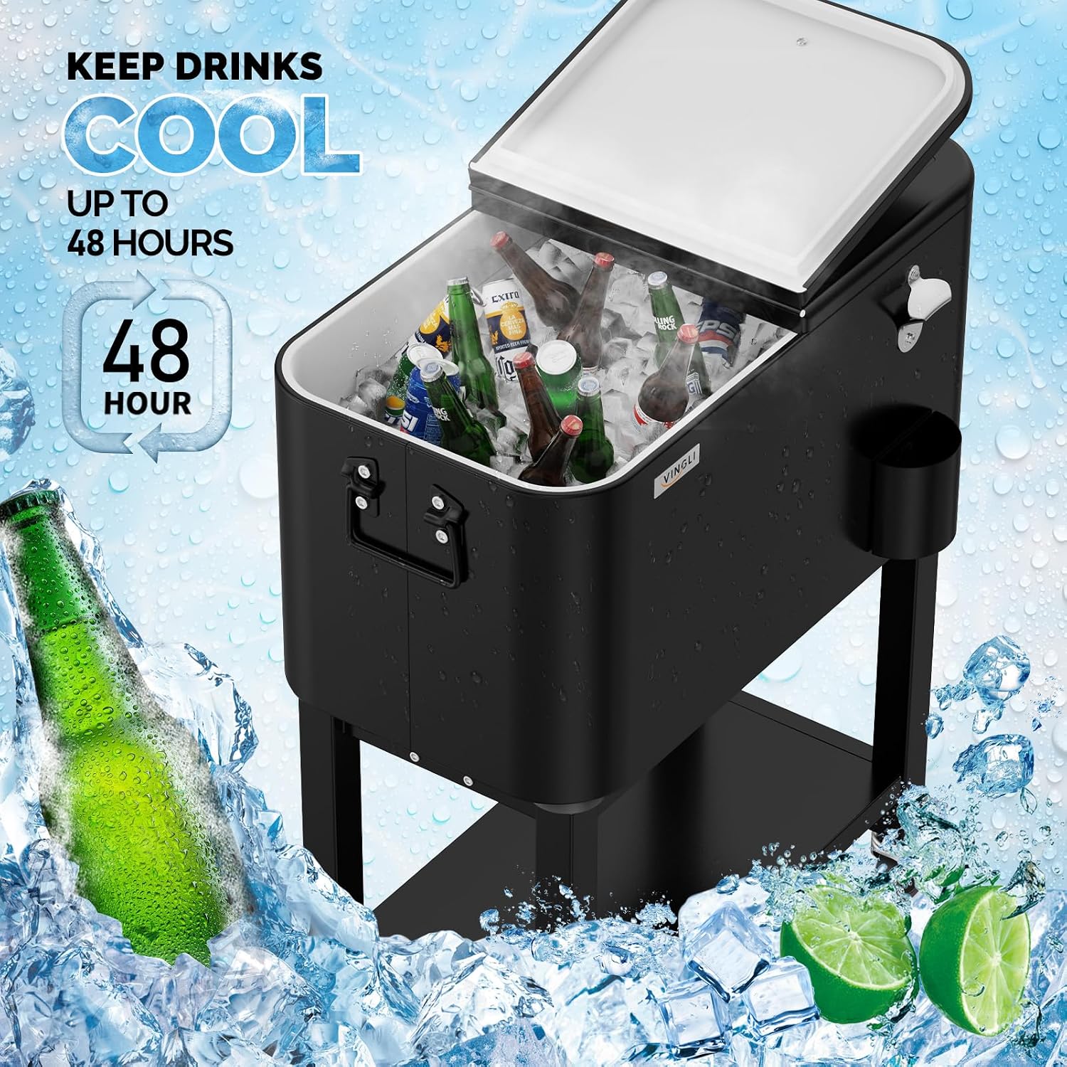VINGLI Patio Cooler, Rolling Ice Chest on Wheels, Portable Patio Party Bar Drink Cooler Cart, with Shelf, Beverage Pool with Bottle Opener,Water Pipe