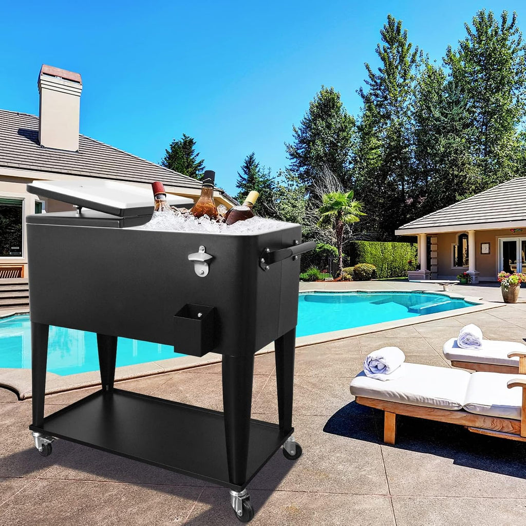 80 Quart Rolling Ice Chest Cooler Cart,for Outdoor Patio Deck Party Portable Party Bar Cold Drink Beverage Cart, Backyard Cooler Trolley on Wheels with Shelf, Bottle Opener