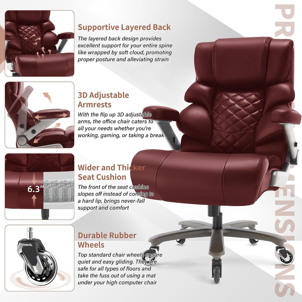VUZI 700lbs Big and Tall Office Chair-Large Computer Chair with Adjustable Lumbar Support 3D Flip Arms Plus Size Wheels, High Back Executive Desk Chair, Heavy Duty Metal Base, Thick Padded Wide Seat