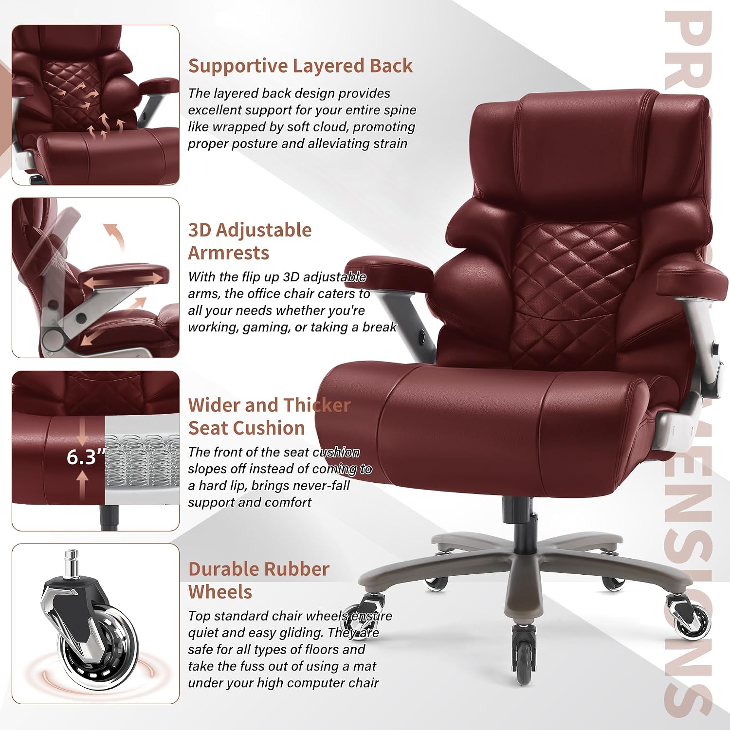 VUZI 700lbs Big and Tall Office Chair-Large Computer Chair with Adjustable Lumbar Support 3D Flip Arms Plus Size Wheels, High Back Executive Desk Chair, Heavy Duty Metal Base, Thick Padded Wide Seat