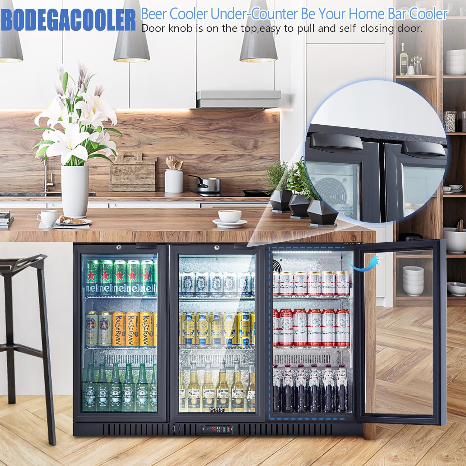 BODEGA BODEGACOOLER Back Bar Cooler with 3 Glass Doors,11.4 Cu.Ft Commercial Bar Beverage Refrigerator Under Counter,Large Display Bar Fridge for Beer Soda Wine LED Lighting,DOE Approved