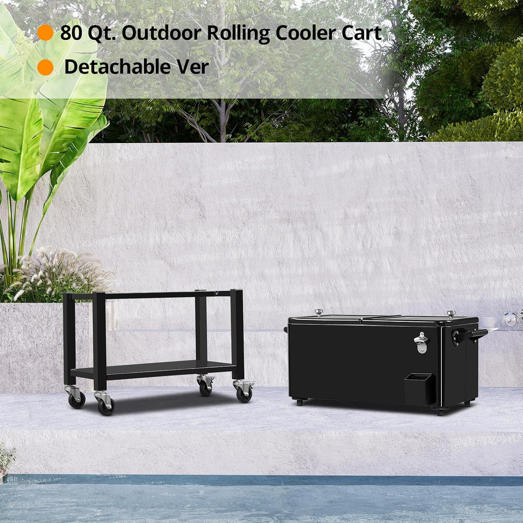 VINGLI 80 Quart Rolling Ice Chest on Wheels, Portable Patio Party Bar Drink Cooler Cart, with Shelf, Beverage Pool with Bottle Opener,Water Pipe