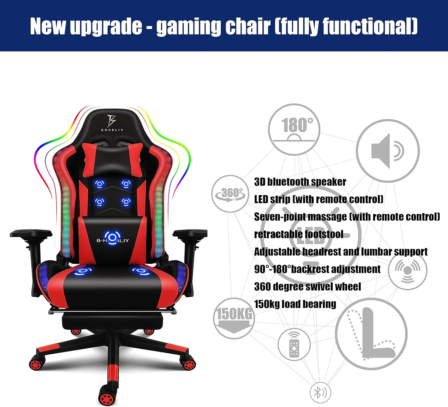 Gaming Chair with Footrest, Video Game Chair with Speakers - 7 Massage Points Ergonomic 4D Armrest Racing Gaming Chair with 90-180° Adjustable Backrest & Height Adjustable LED Lights Chair,3