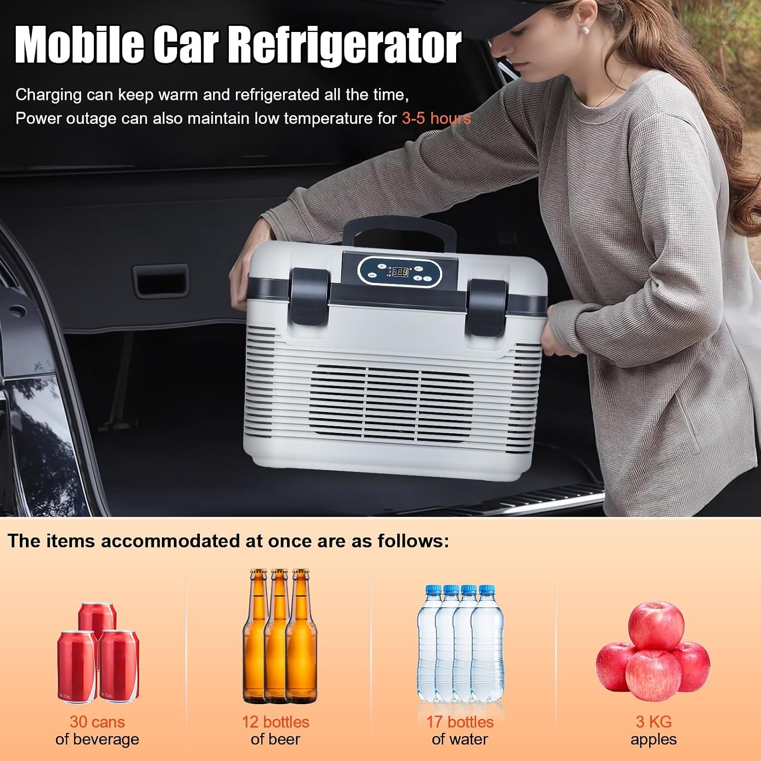 12/24V Car Refrigerator, Portable Freezer Cooler with Digital Display, 19L Electric Cooler Fridge, Mini Compressor Fridge for Truck RV SUV Van Camping Travel Road Trip, Adjustable Cooling Heating Grey